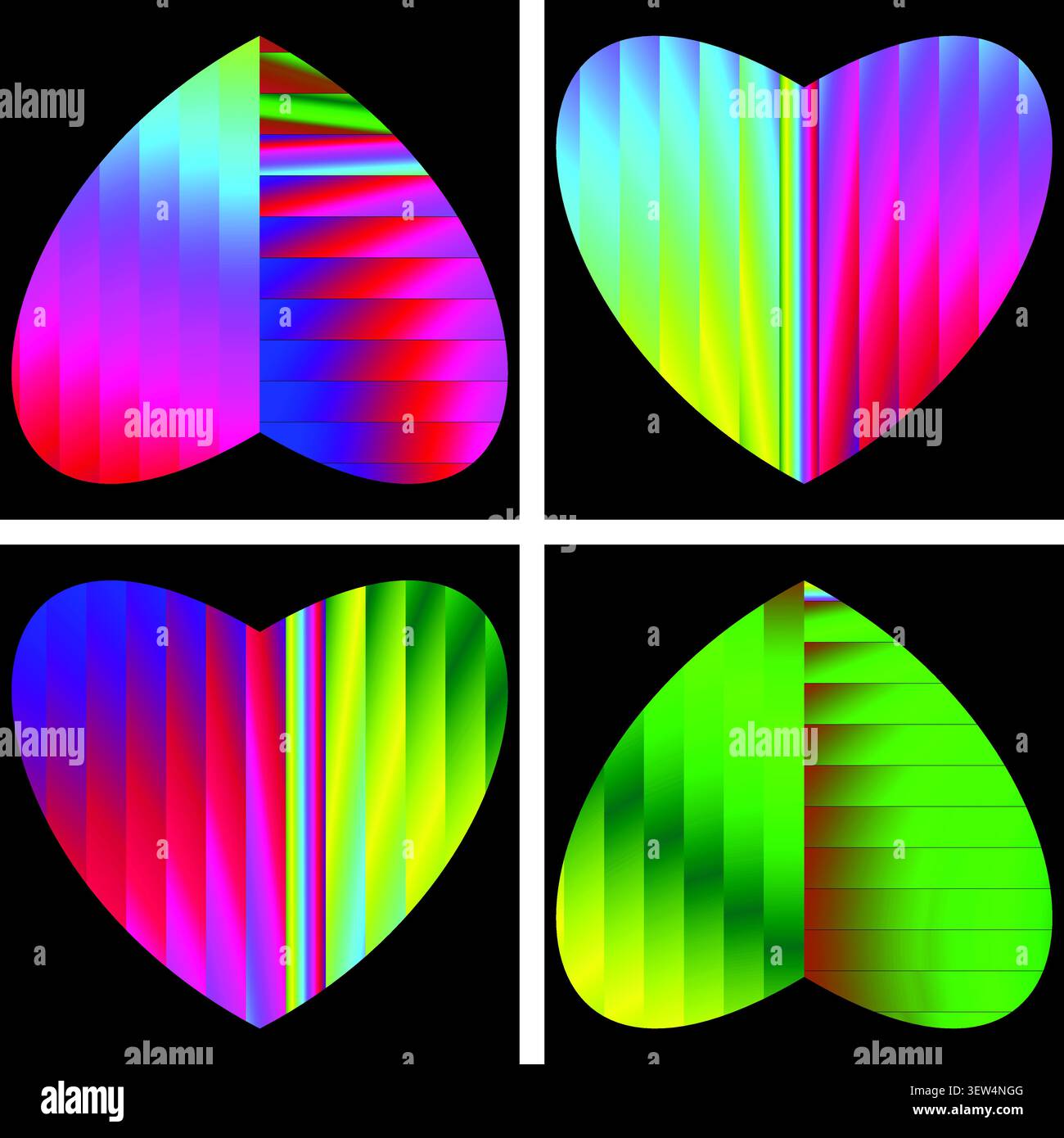 Abstract colorful hearts with rainbow gradient patterns on black Stock Vector