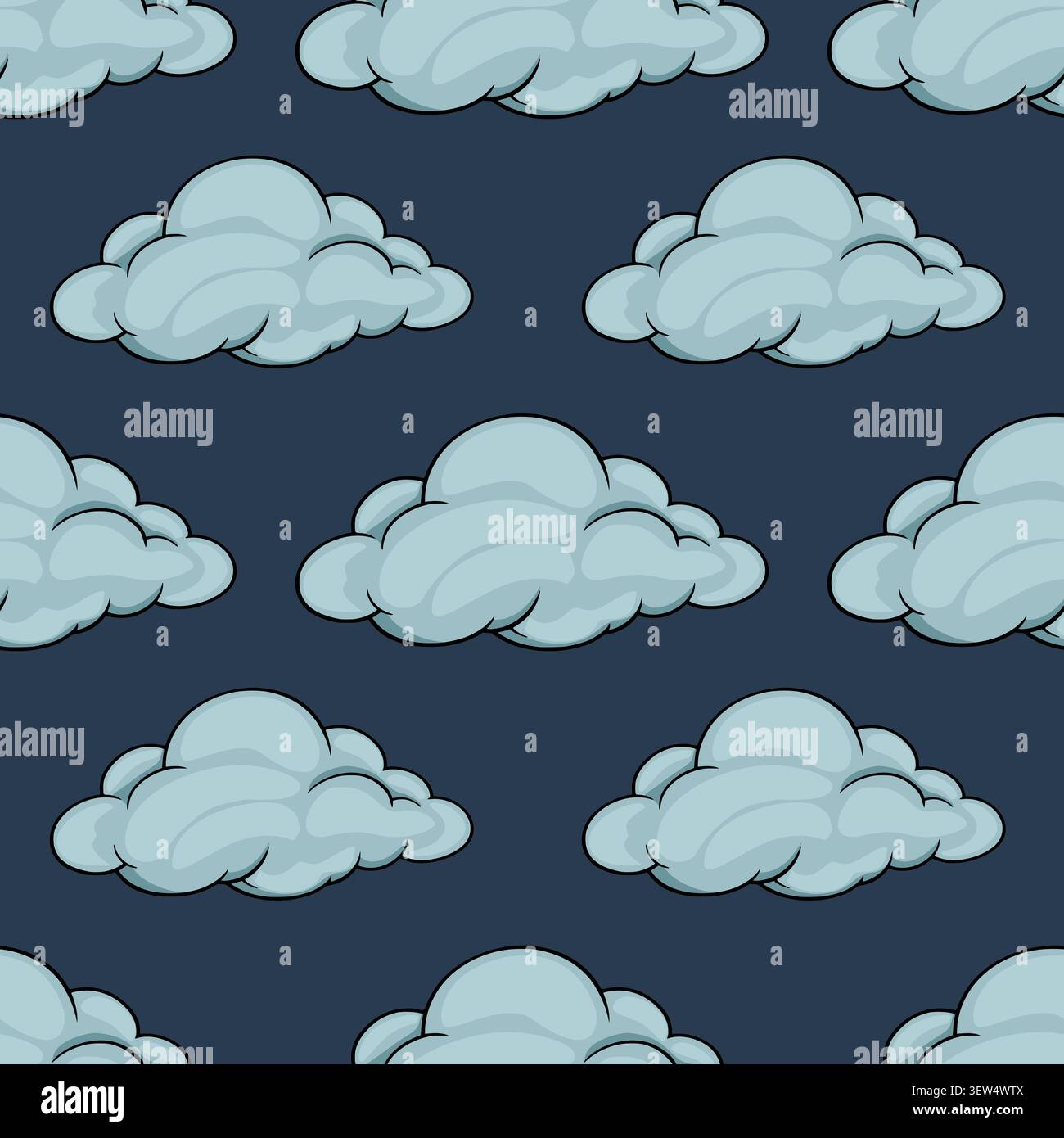 Seamless vector pattern featuring fluffy blue clouds on a dark navy background Stock Vector