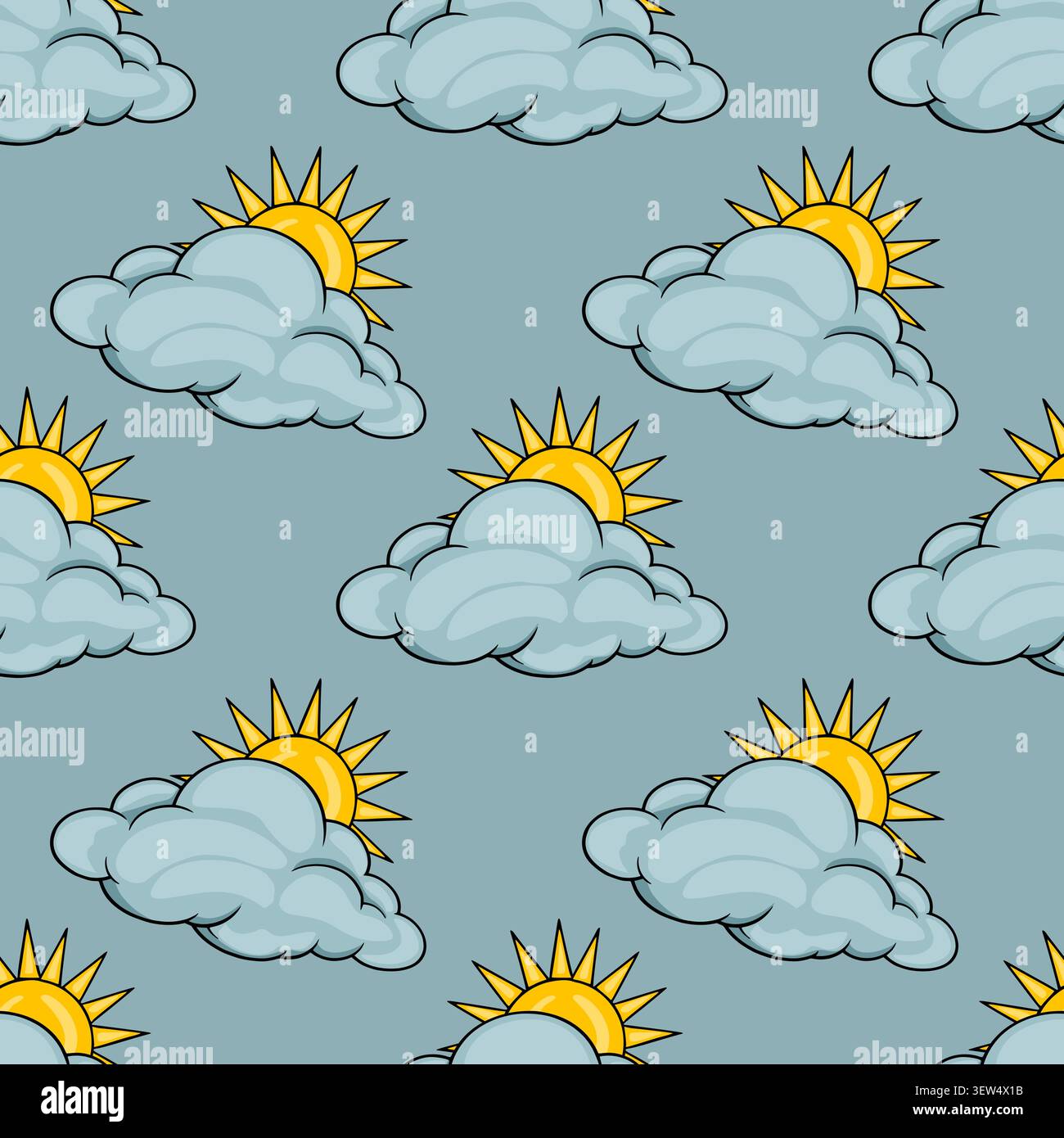 Seamless vector pattern with cartoon sun hiding behind fluffy blue rain clouds Stock Vector