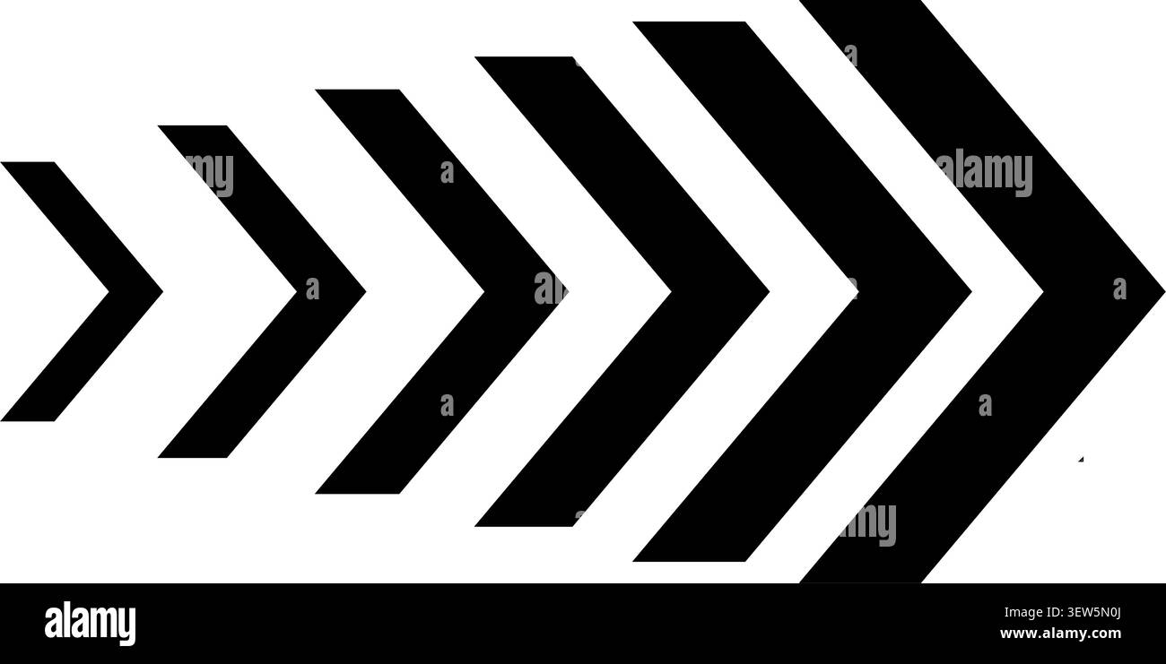 A series of black chevron arrow icons arranged in a horizontal row, increasing in size from left to right. This minimalist graphic design element sugg Stock Vector