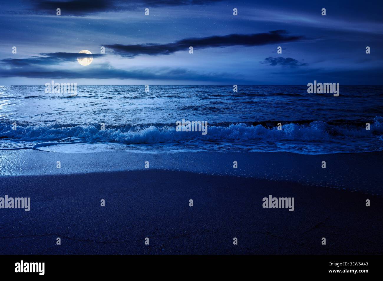 black sea landscape in summer at night. full moon over bulgaria nature landscape with sandy beach. mysterious summer vacation at the sea shore concept Stock Photo