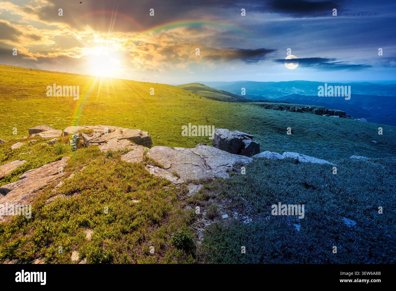 carpathian mountain landscape on summer solstice. amazing background for outdoor adventure at twilight. transcarpathia green hill with rocks. day and Stock Photo
