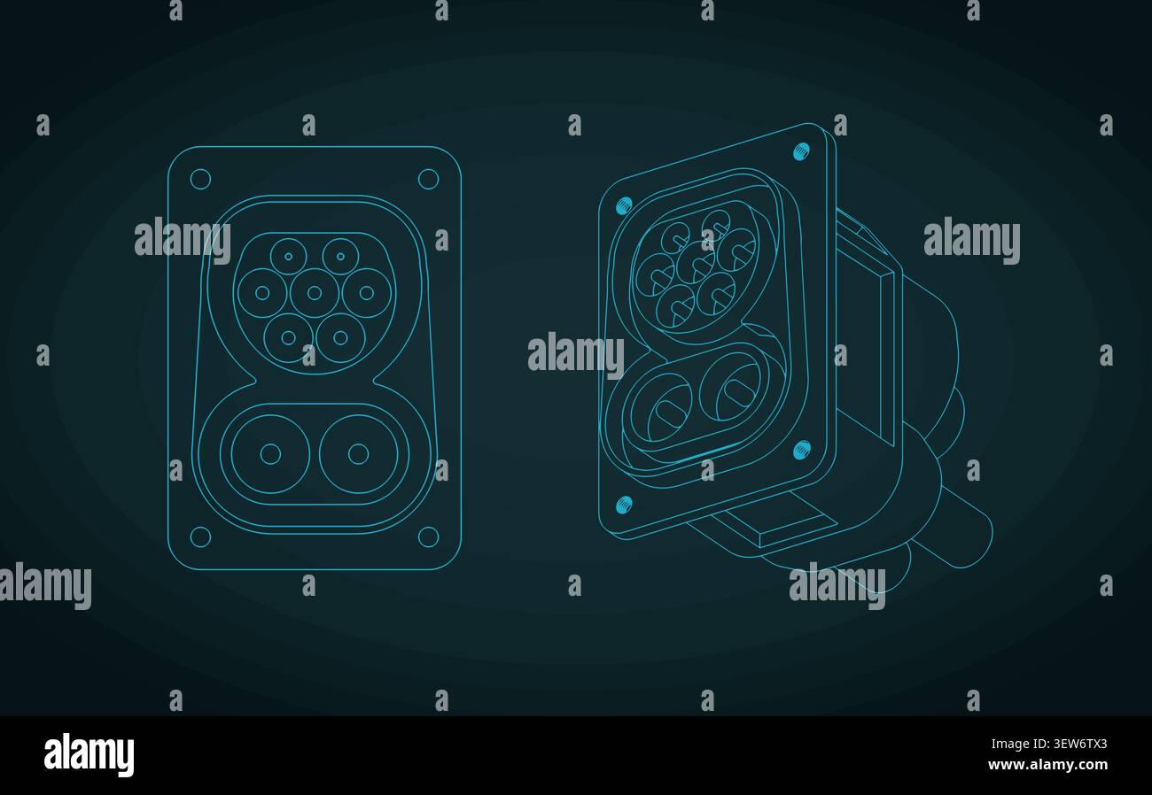 CCS Combo 2 EV charging port blueprints, stylized vector illustration Stock Vector