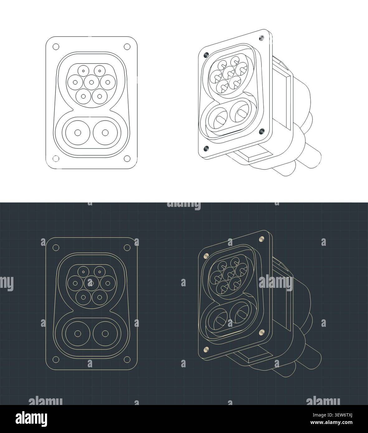 CCS Combo 2 EV charging port blueprints, stylized vector illustrations Stock Vector