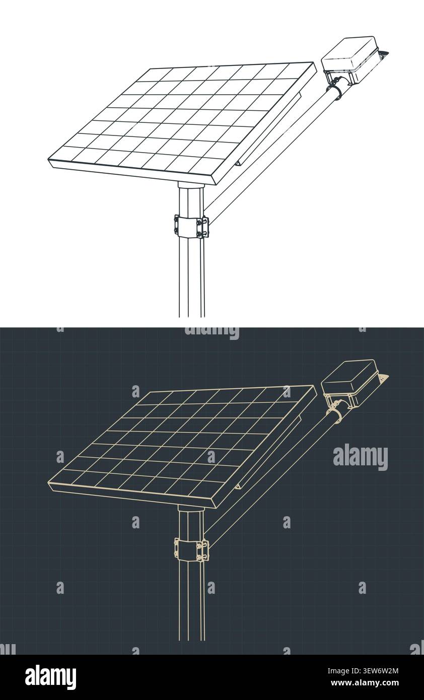 Solar street light blueprints stylized vector illustrations Stock Vector