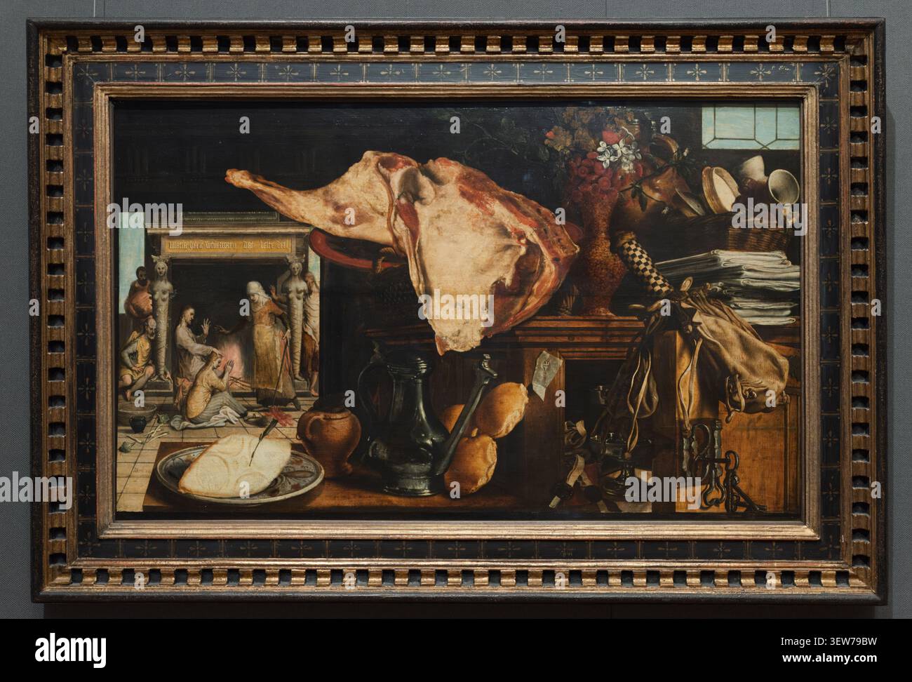 Vanitas Still Life, Pieter Aertsen, 1552, oil on oak wood, Renaissance. Features food and household objects with background biblical scene. Kunsthisto Stock Photo