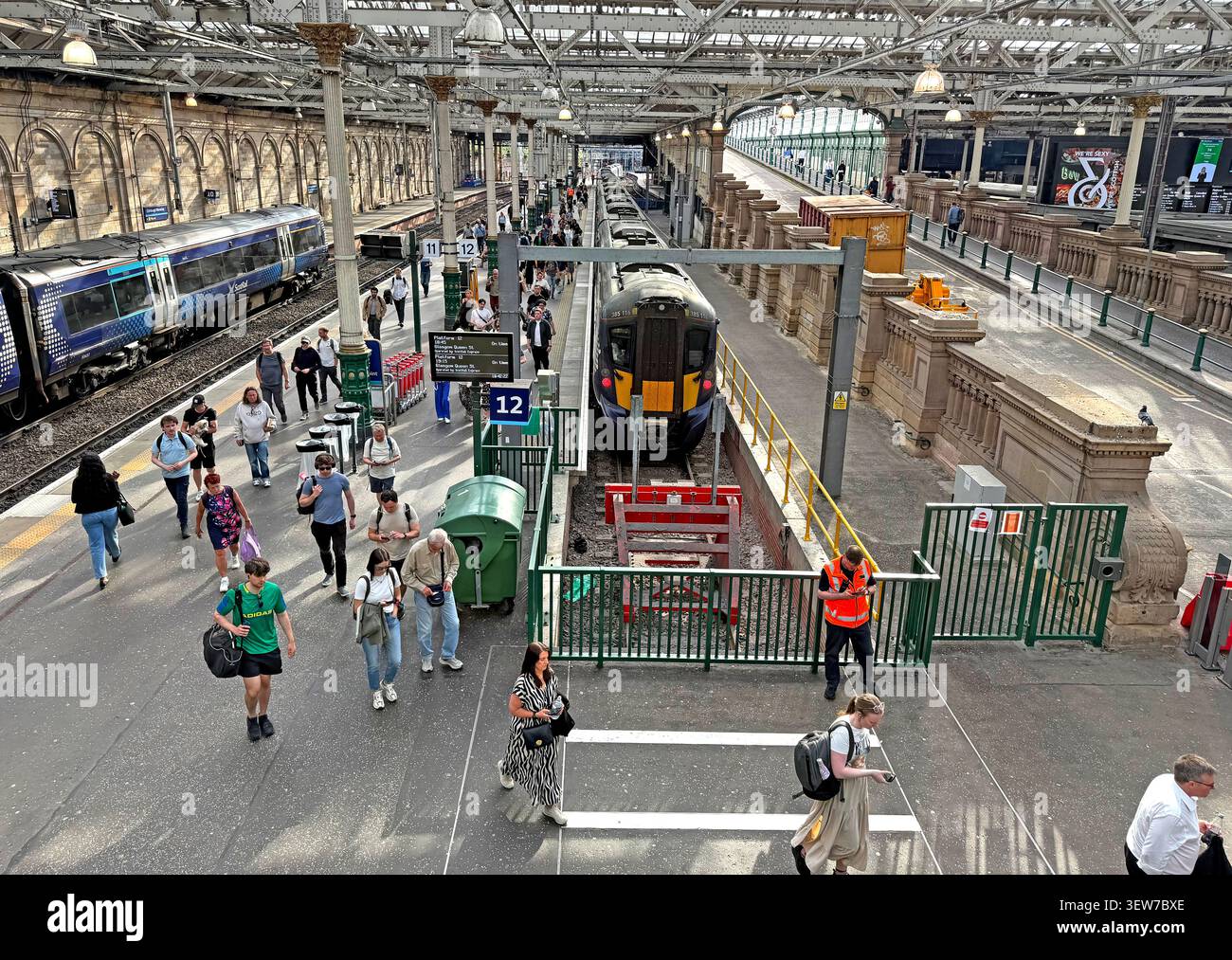Edinburgh Waverley railway station platforms and trains viewed from above in Edinburgh, Scotland, UK. Stock Photo