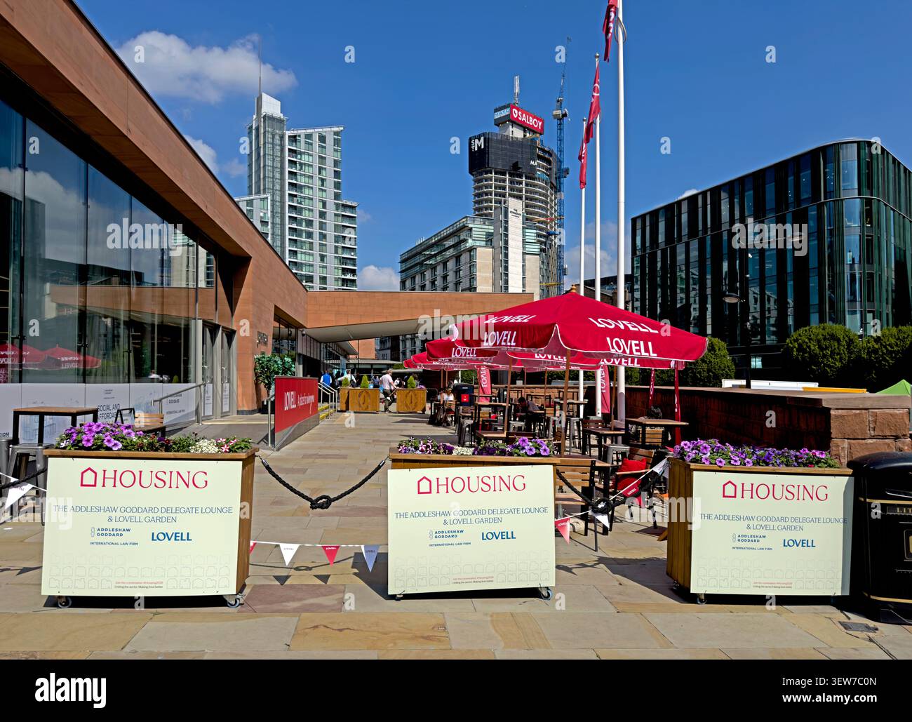 SocialHousing repairs partner Lovell-sponsored outdoor café and delegate networking space at Housing 2026, Manchester Central, June 2026 Stock Photo