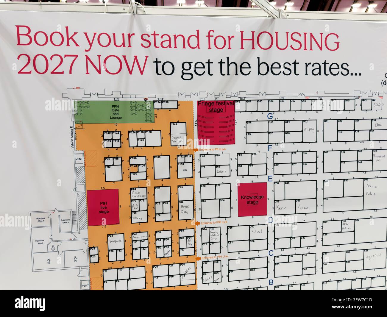 Book early for Housing2027 - Board promoting early stand bookings for Housing 2027 at Manchester Central during the Housing 2026 exhibition Stock Photo