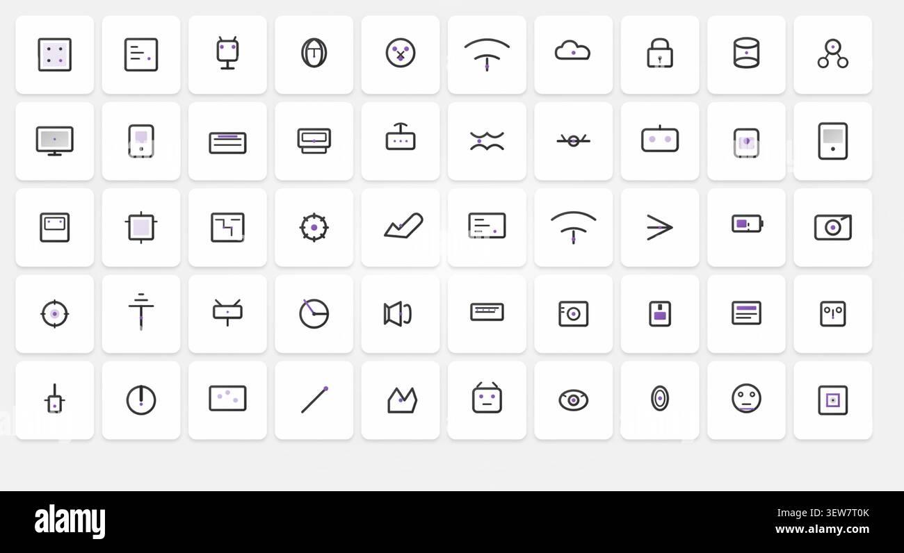 Comprehensive Technology & AI Icon Pack – Silver & Amethyst Luxury Line Art Stock Vector