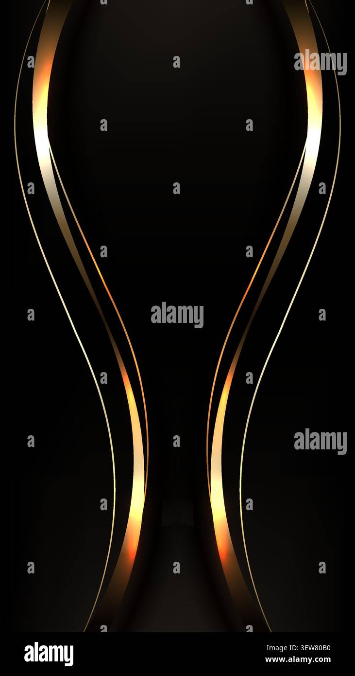 elegant abstract background for luxury branding features glowing golden metallic curves and symmetrical wave lines over a matte black backdrop to prem Stock Vector