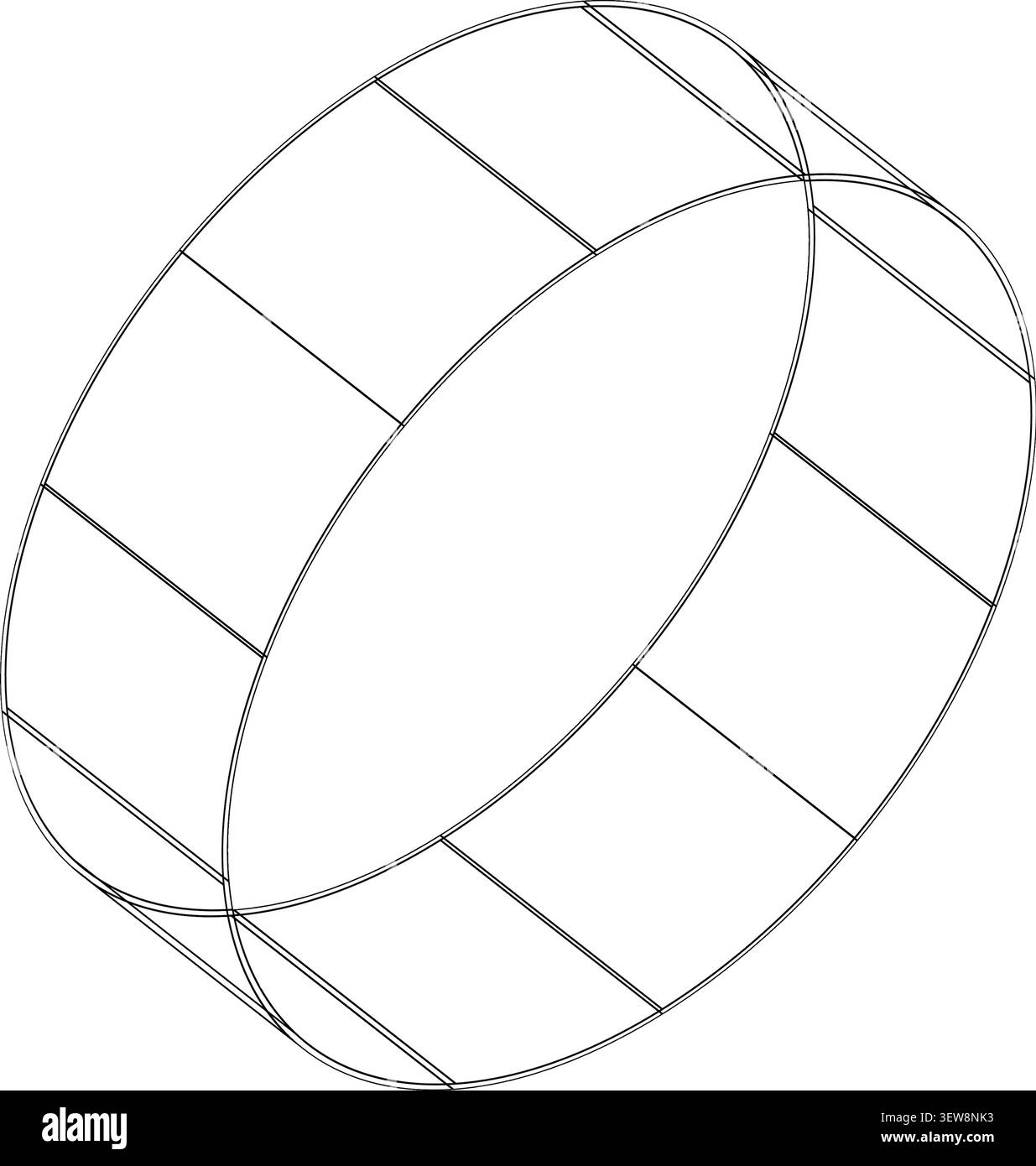 3D wireframe segmented torus-like ring with evenly spaced rectangular divisions, abstract geometric illustration for mathematics, engineering Stock Vector