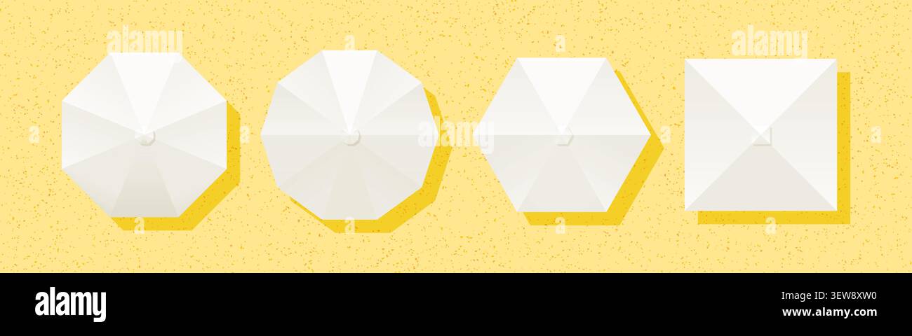 Sun protection white tent top view set for safe sunbathing. Shadow shield of umbrellas. Stock Vector