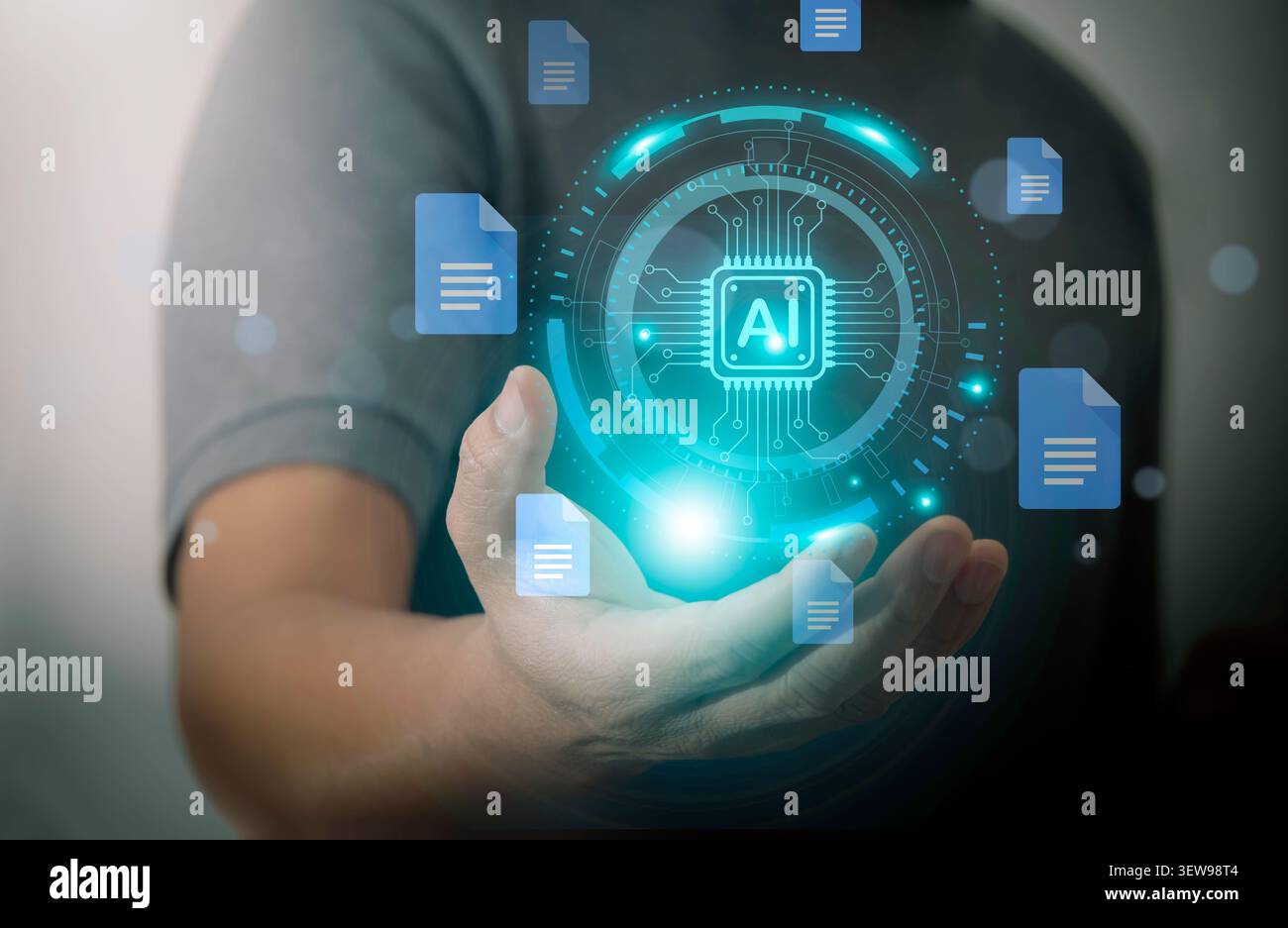 Man hand hold digital hologram AI document generation data automation technology, artificial intelligence information management system network connec Stock Photo