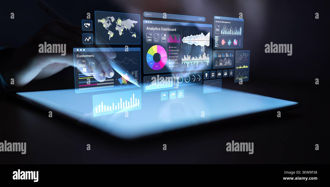 Analytics dashboard displayed on a digital tablet featuring various data visualizations and graphs for business insights Stock Photo
