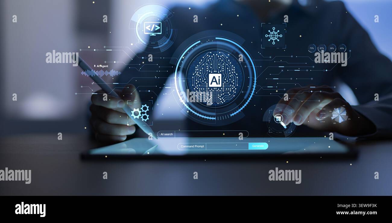 A digital interface featuring artificial intelligence with hands interacting and data visualization icons Stock Photo