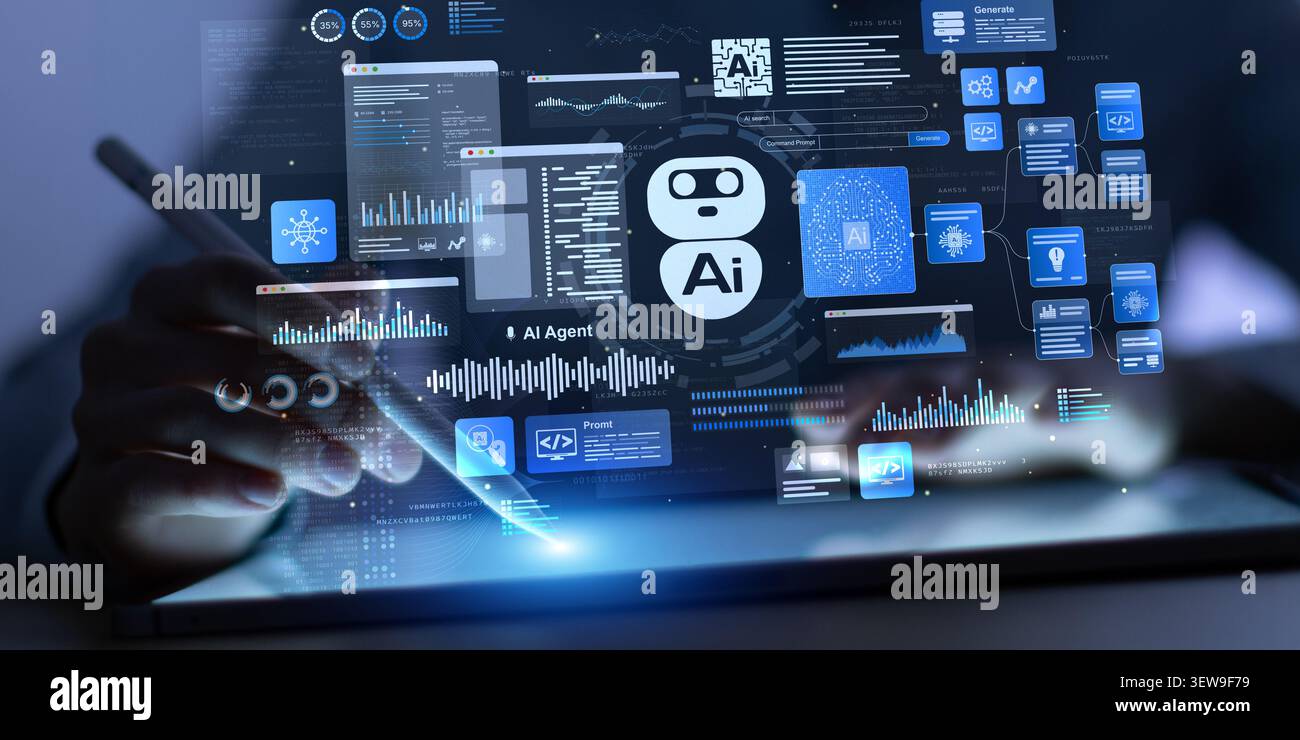 AI artificial intelligence agent platform for automated data analysis and workflow management with interactive user interface and graphs Stock Photo