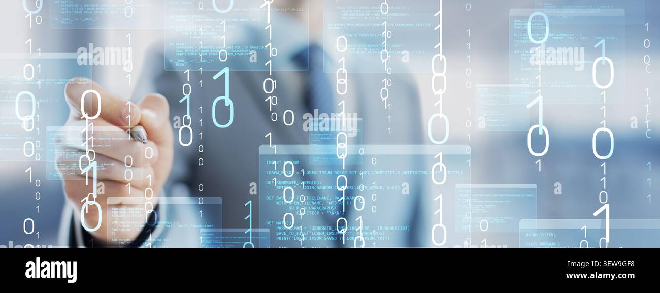 Programming code development for software engineering and computer technology with hand interaction and visible script Stock Photo