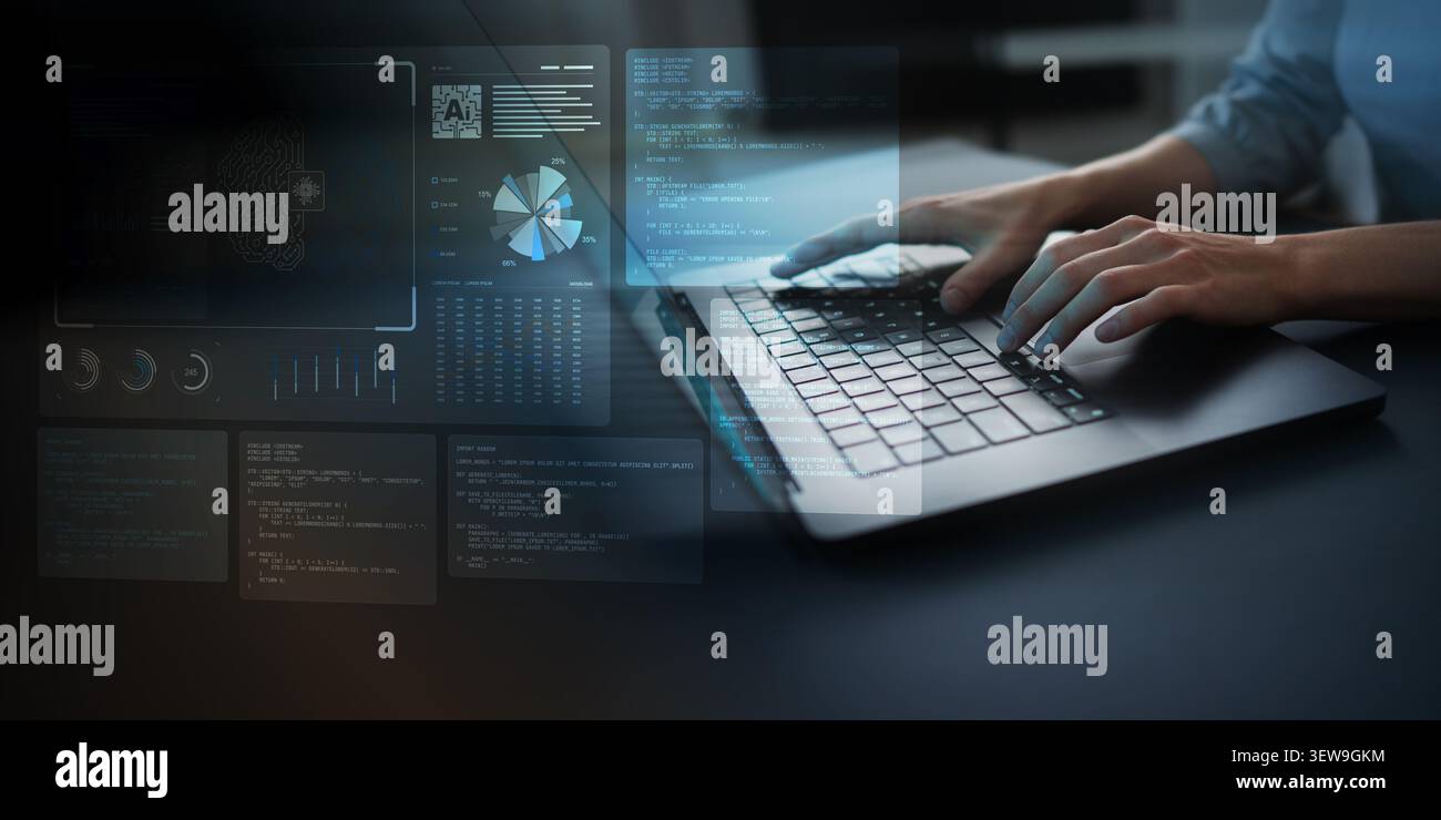 AI artificial intelligence programming system for software development with human hands typing on keyboard Stock Photo