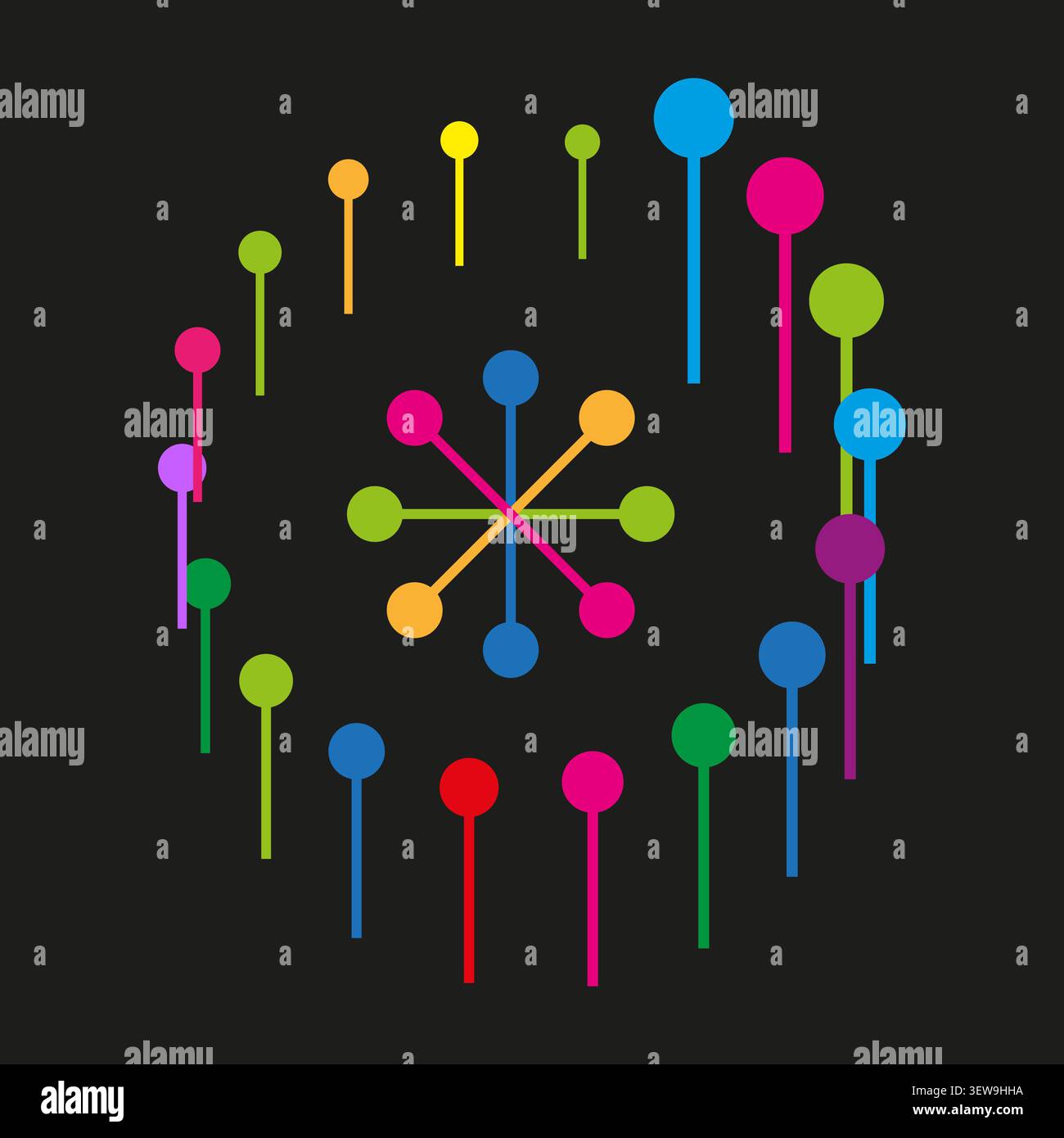Geometric network forms pack features colorful vector connected dot shapes. Vibrant collection visualizes molecule. eps 10 Stock Vector