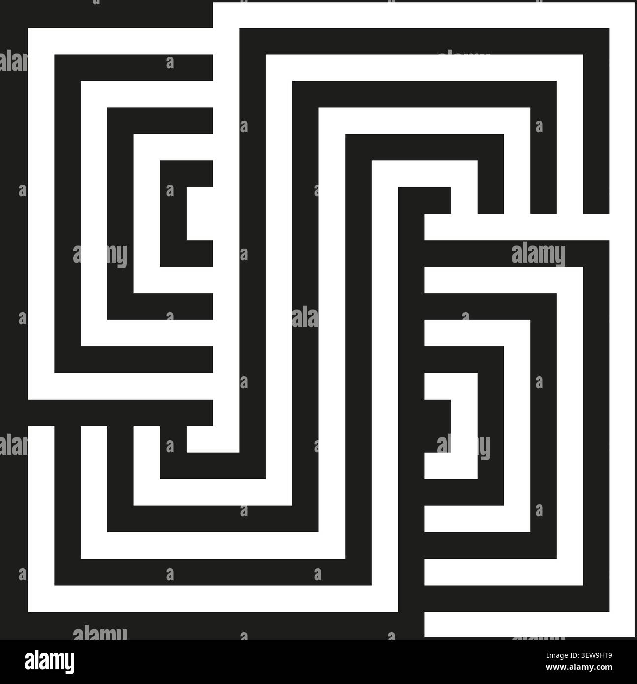 Geometric maze forms pack features black vector square labyrinth shapes. Minimal collection visualizes puzzle. eps 10 Stock Vector