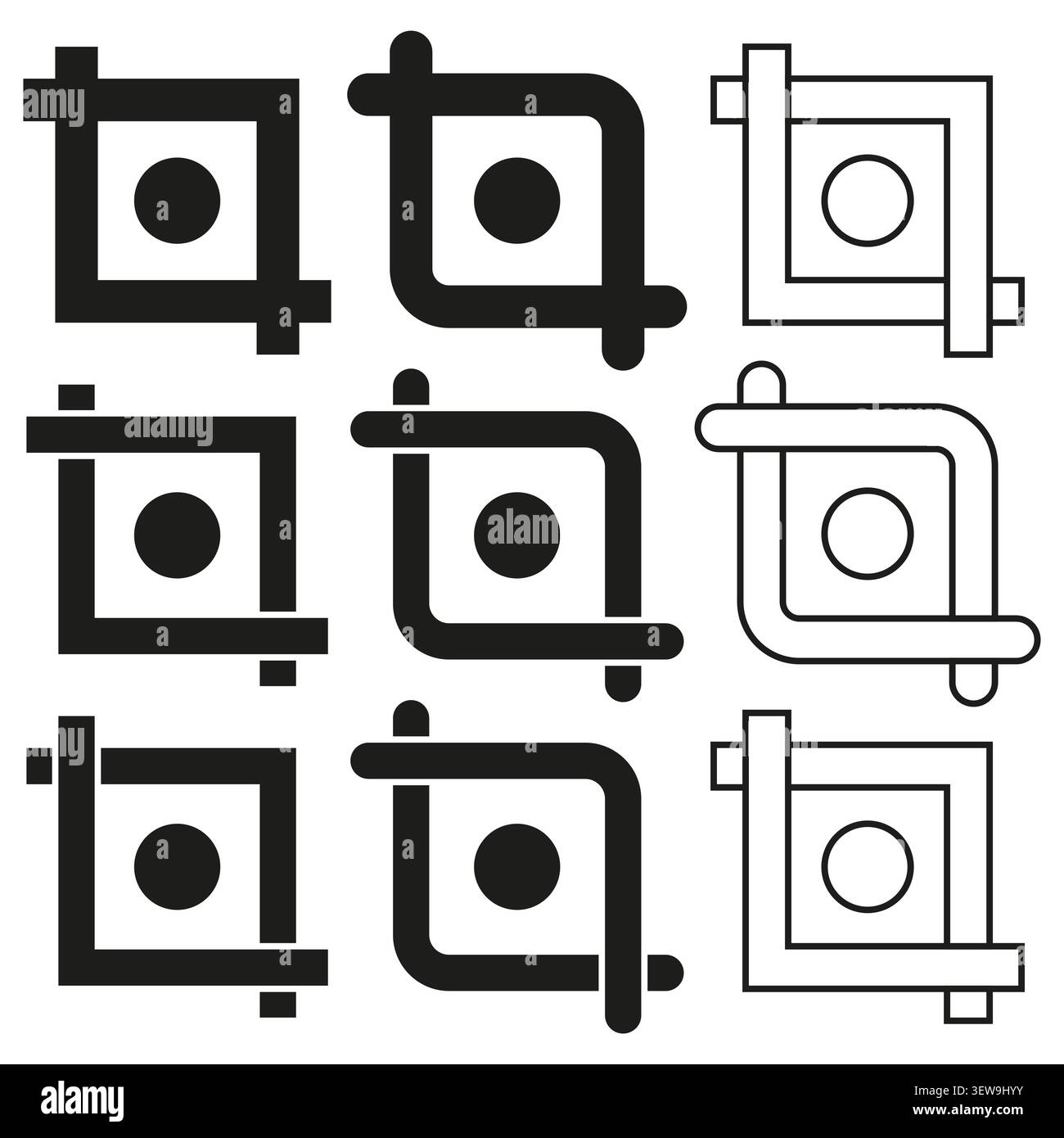 QR code square forms pack features black vector scan marker frames. Minimal collection highlights digital technology themes. eps 10 Stock Vector