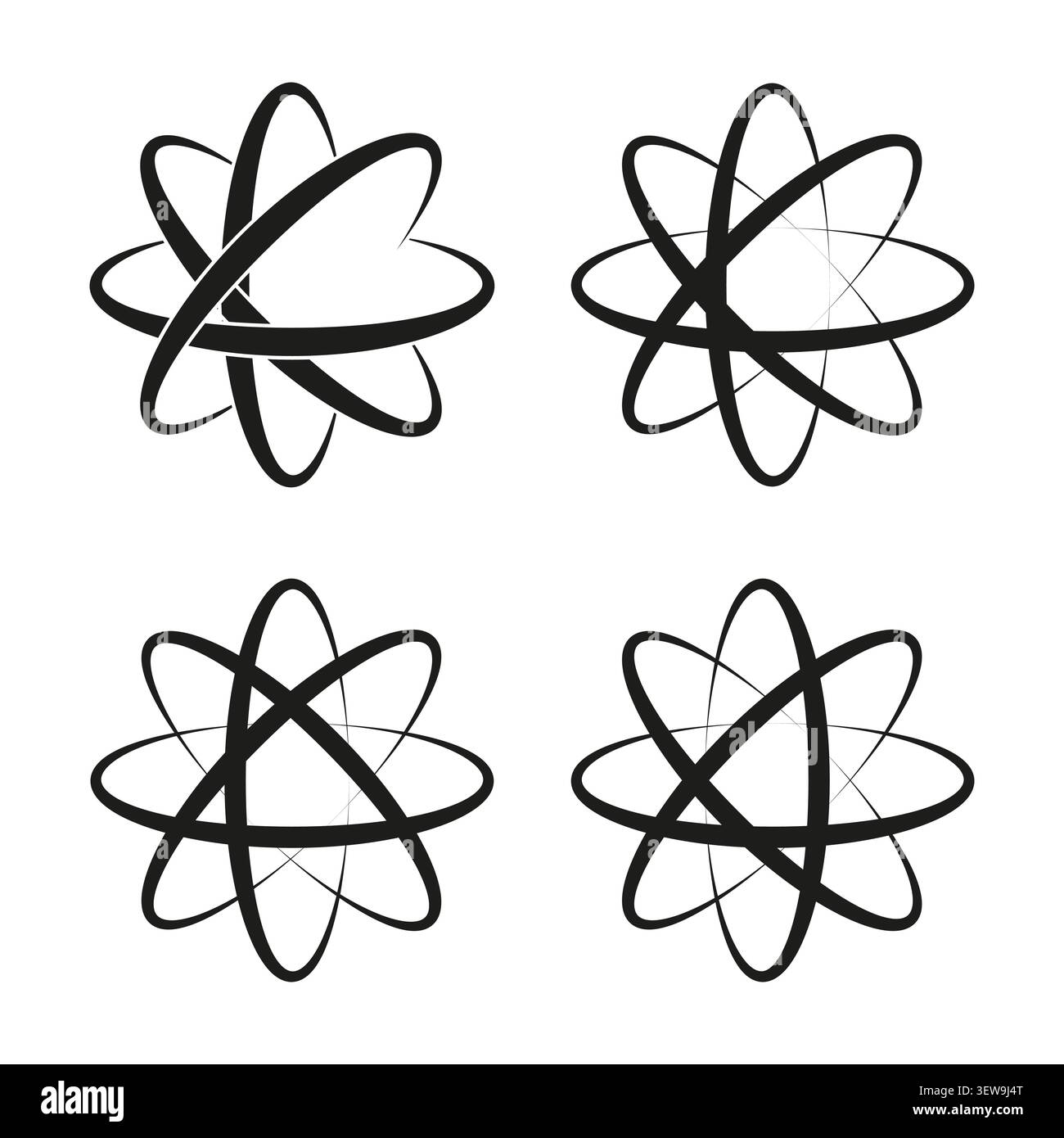 Geometric circular forms pack features black vector atomic orbit shapes. Minimal collection visualizes science. eps 10 Stock Vector