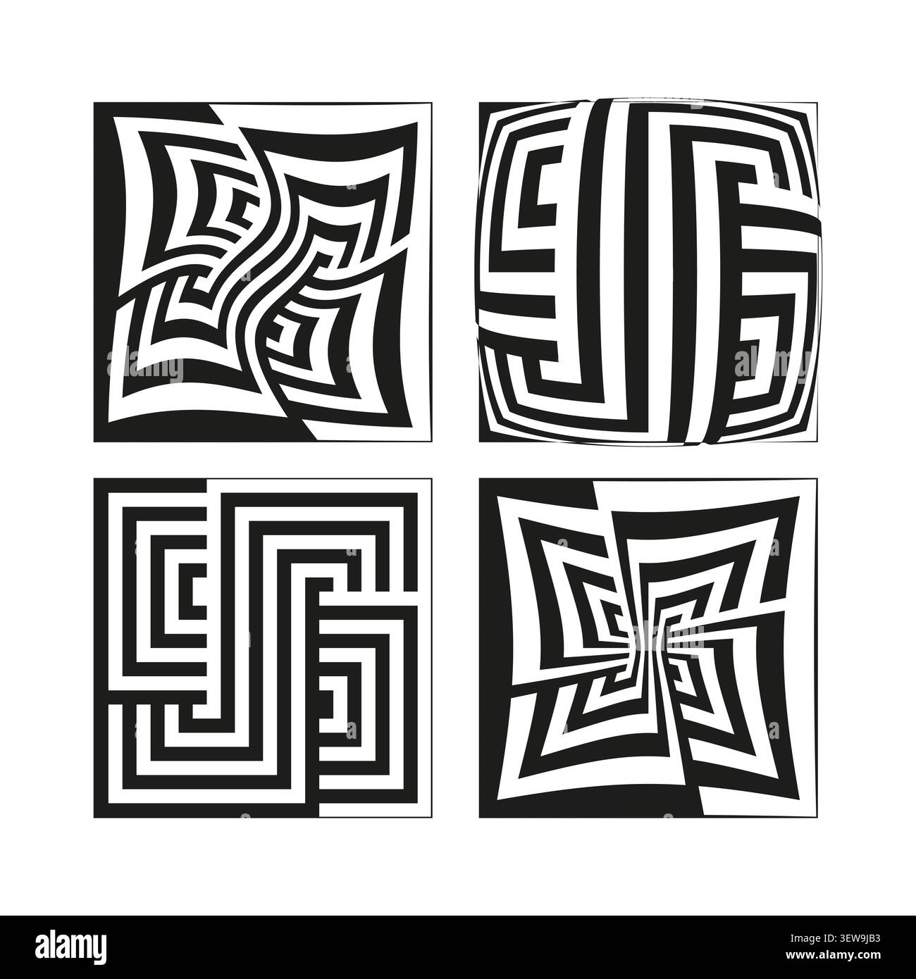 Geometric maze forms pack features black vector distorted labyrinth shapes. Minimal collection visualizes op art. eps 10 Stock Vector