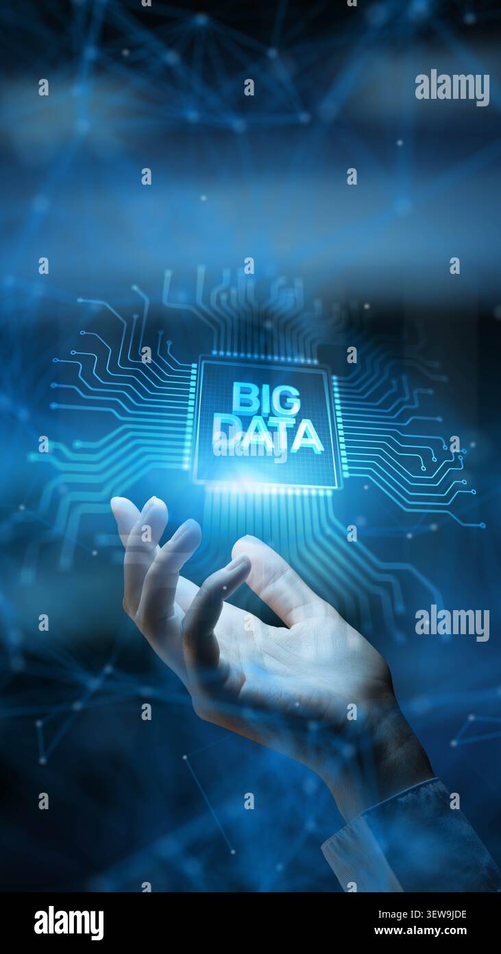 Big data analytics platform for business intelligence and enterprise data management with interactive human hand Stock Photo