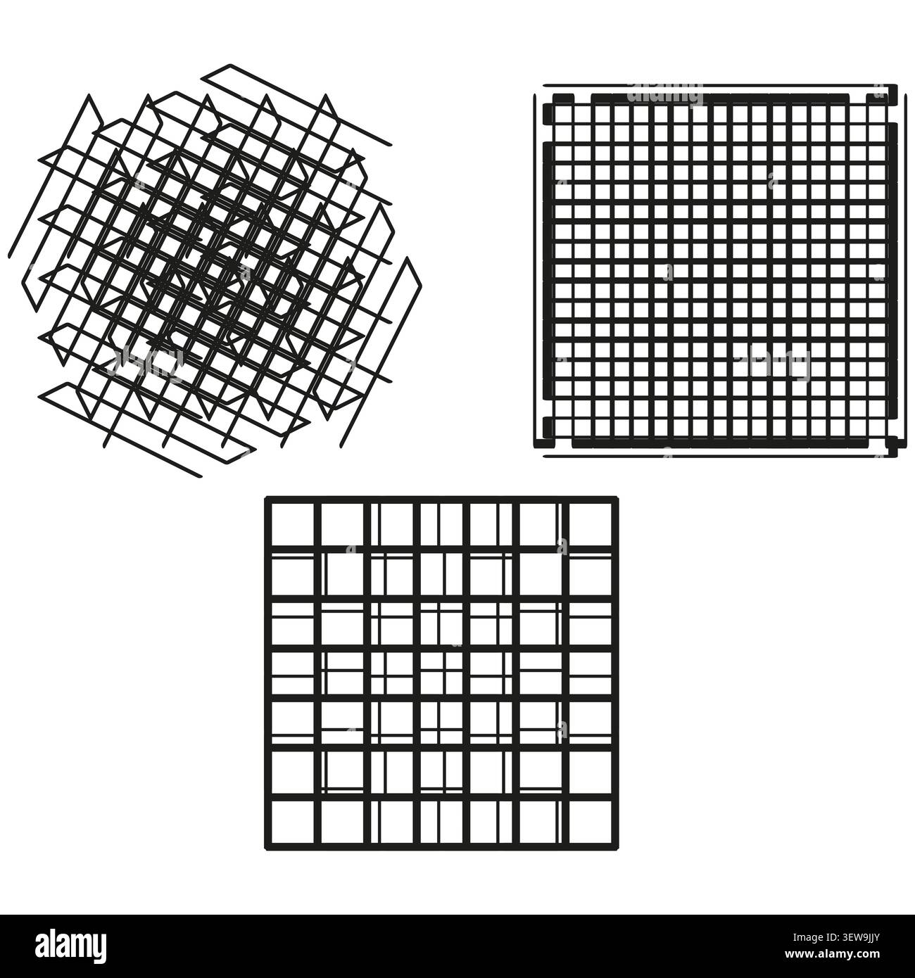 Abstract grid forms pack features black vector intersecting mesh lines. Minimal collection visualizes geometric network. eps 10 Stock Vector