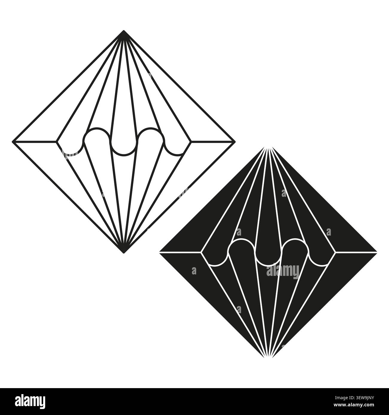 Geometric diamond forms pack features black vector folded pyramid shapes. Minimal collection visualizes 3d structure. eps 10 Stock Vector