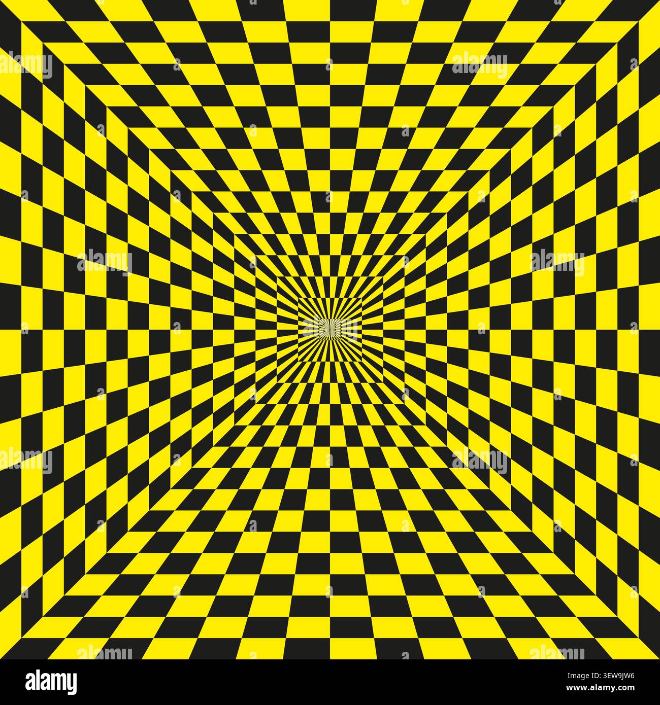 Geometric pattern forms pack features yellow vector checkerboard illusion shapes. Vibrant collection visualizes tunnel. eps 10 Stock Vector