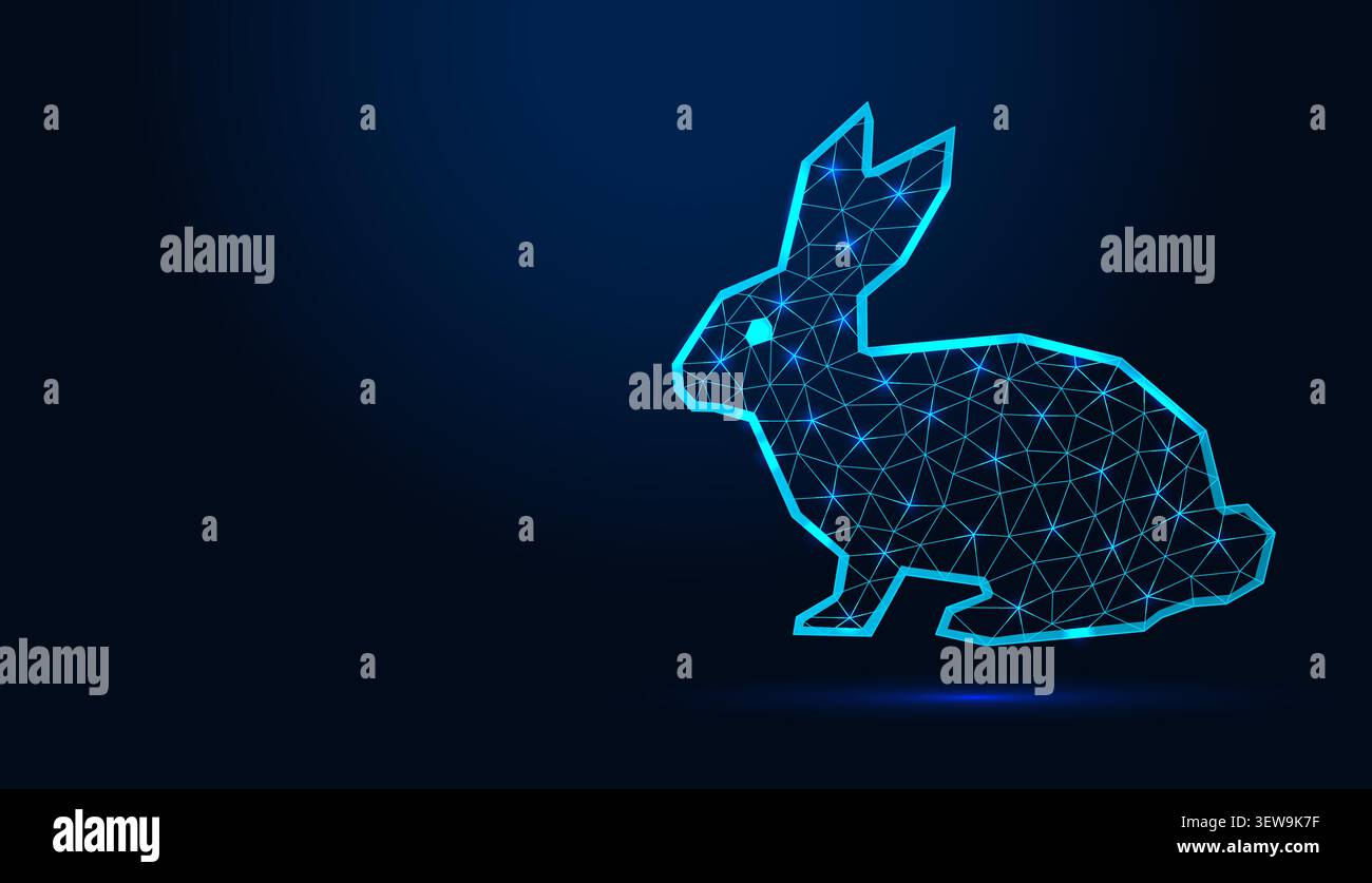 Low poly wireframe rabbit sitting profile on dark blue background. Stock Vector