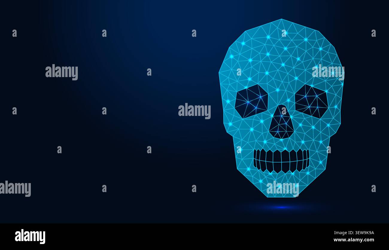 Neon low poly wireframe human skull on dark blue background. Stock Vector