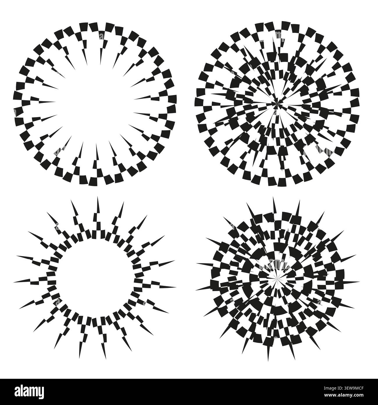 Abstract circular checkered forms pack features black vector radial mandala patterns. Minimal collection highlights art. eps 10 Stock Vector
