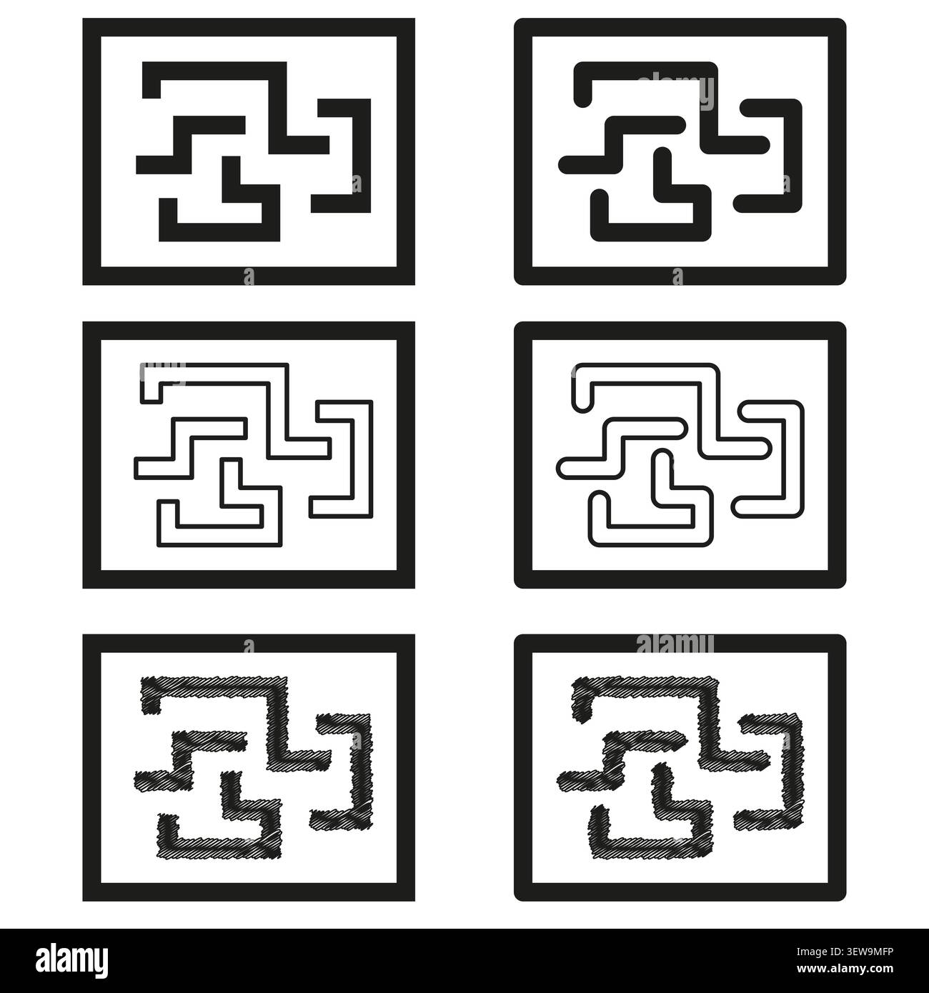 Geometric maze forms pack features black vector square labyrinth shapes. Minimal collection visualizes 3d puzzle. eps 10 Stock Vector