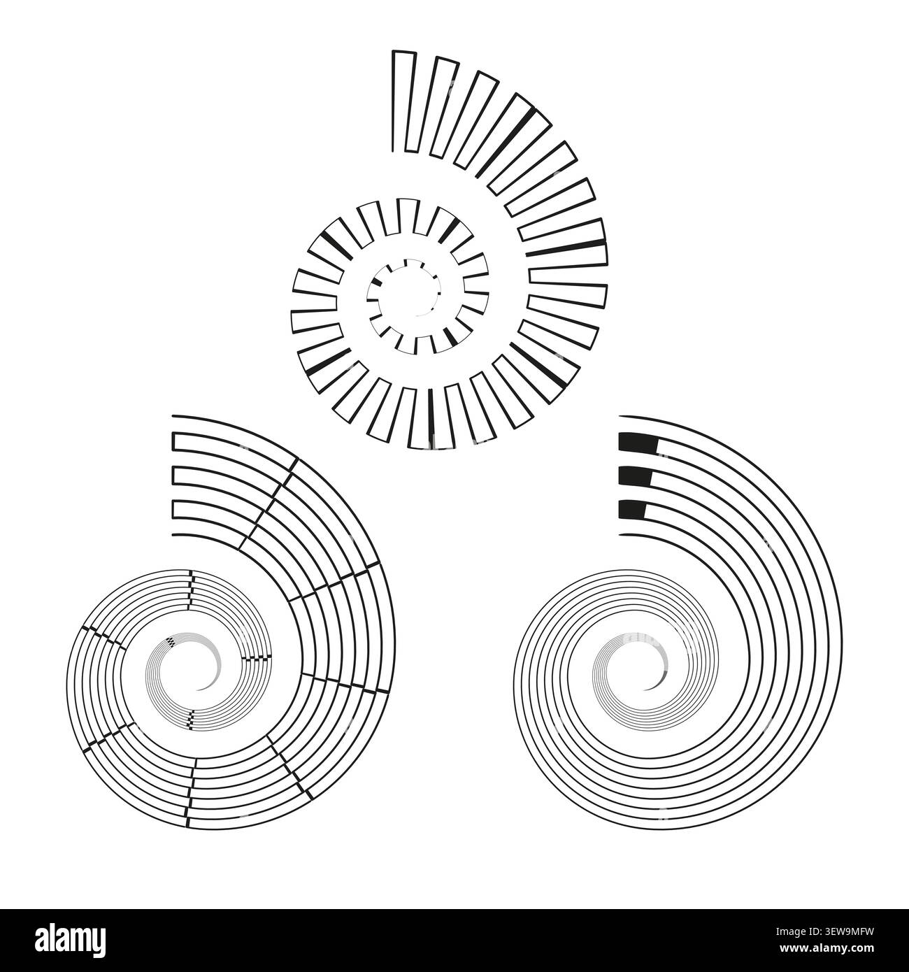 Abstract spiral forms pack features black vector stepped radial shapes. Minimal collection visualizes geometric motion. eps 10 Stock Vector