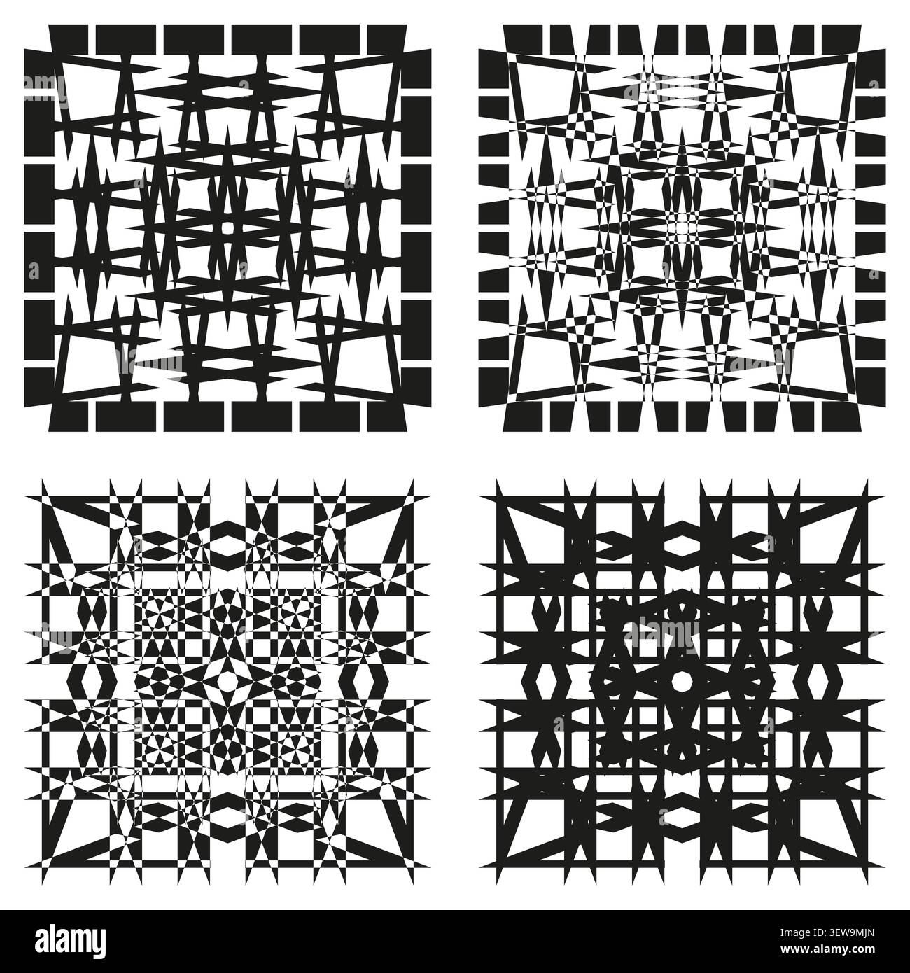 Intricate mosaic forms pack features black vector geometric grid patterns. Minimal collection visualizes complex layout. eps 10 Stock Vector