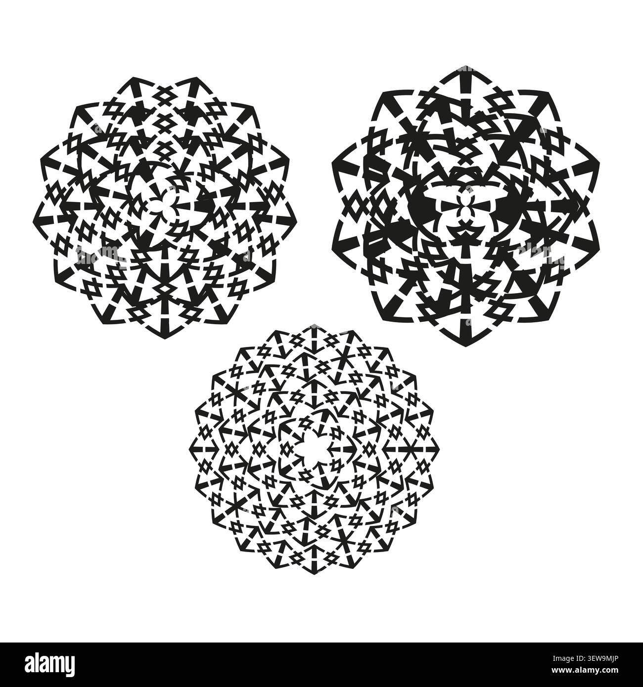 Abstract circular forms pack features black vector intricate star mandalas. Minimal collection visualizes complex art. eps 10 Stock Vector