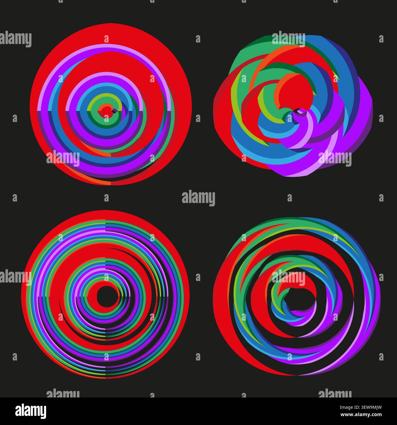 Abstract circular forms pack features colorful vector concentric spiral shapes. Vibrant collection visualizes motion. eps 10 Stock Vector