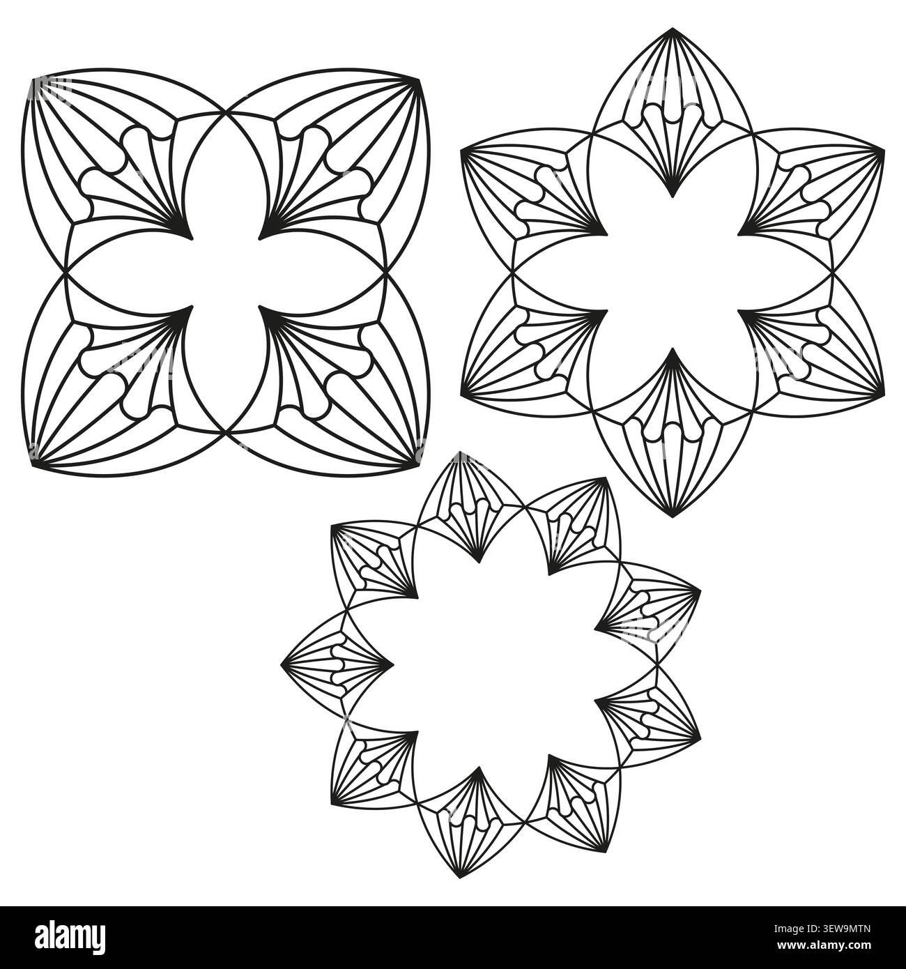 Geometric star forms pack features black vector wireframe floral shapes. Minimal collection visualizes abstract mandala. eps 10 Stock Vector