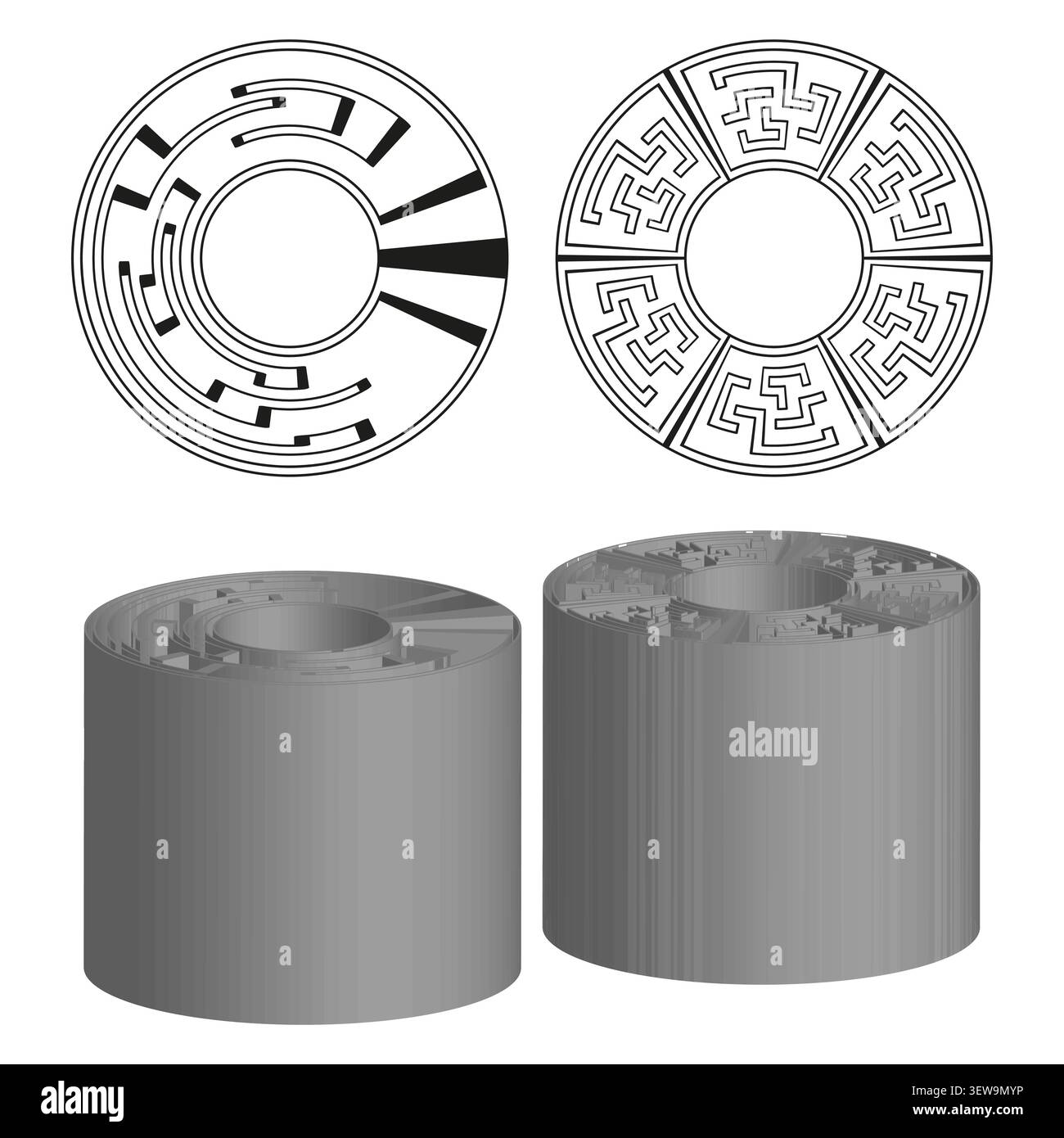 Geometric maze forms pack features grey vector 3d cylinder shapes. Minimal collection visualizes abstract labyrinth. eps 10 Stock Vector