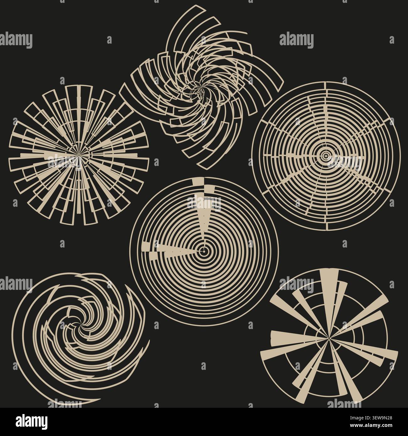 Geometric circular forms pack features beige vector segmented concentric shapes. Minimal collection visualizes abstract art. eps 10 Stock Vector