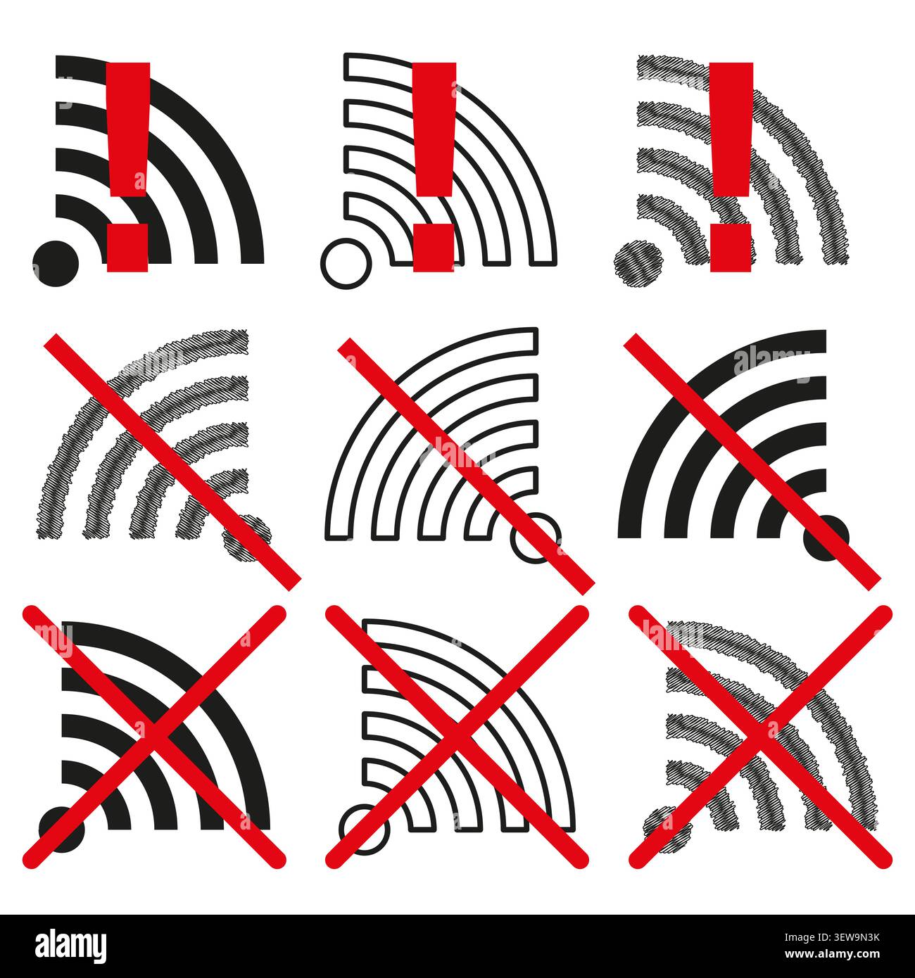 Wifi internet connection forms pack features black vector wireless waves. Minimal collection highlights offline errors. eps 10 Stock Vector