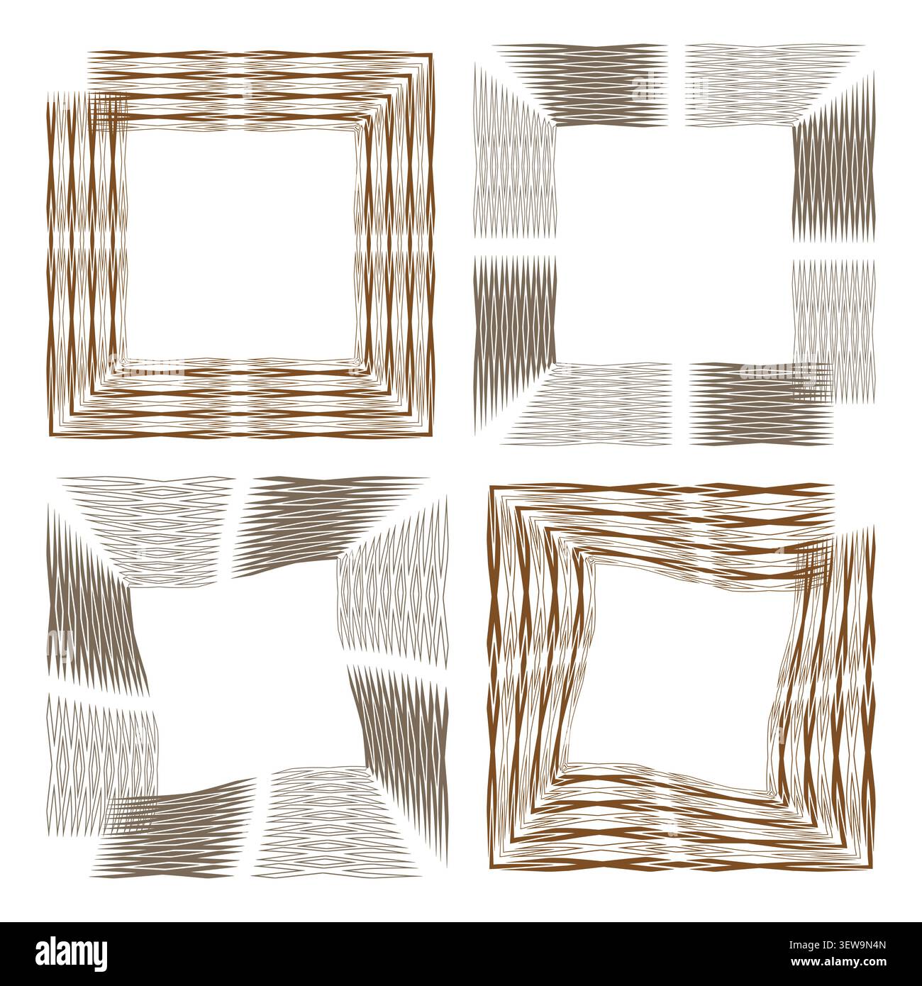 Geometric frame forms pack features brown vector twisted wireframe shapes. Minimal collection visualizes abstract border. eps 10 Stock Vector