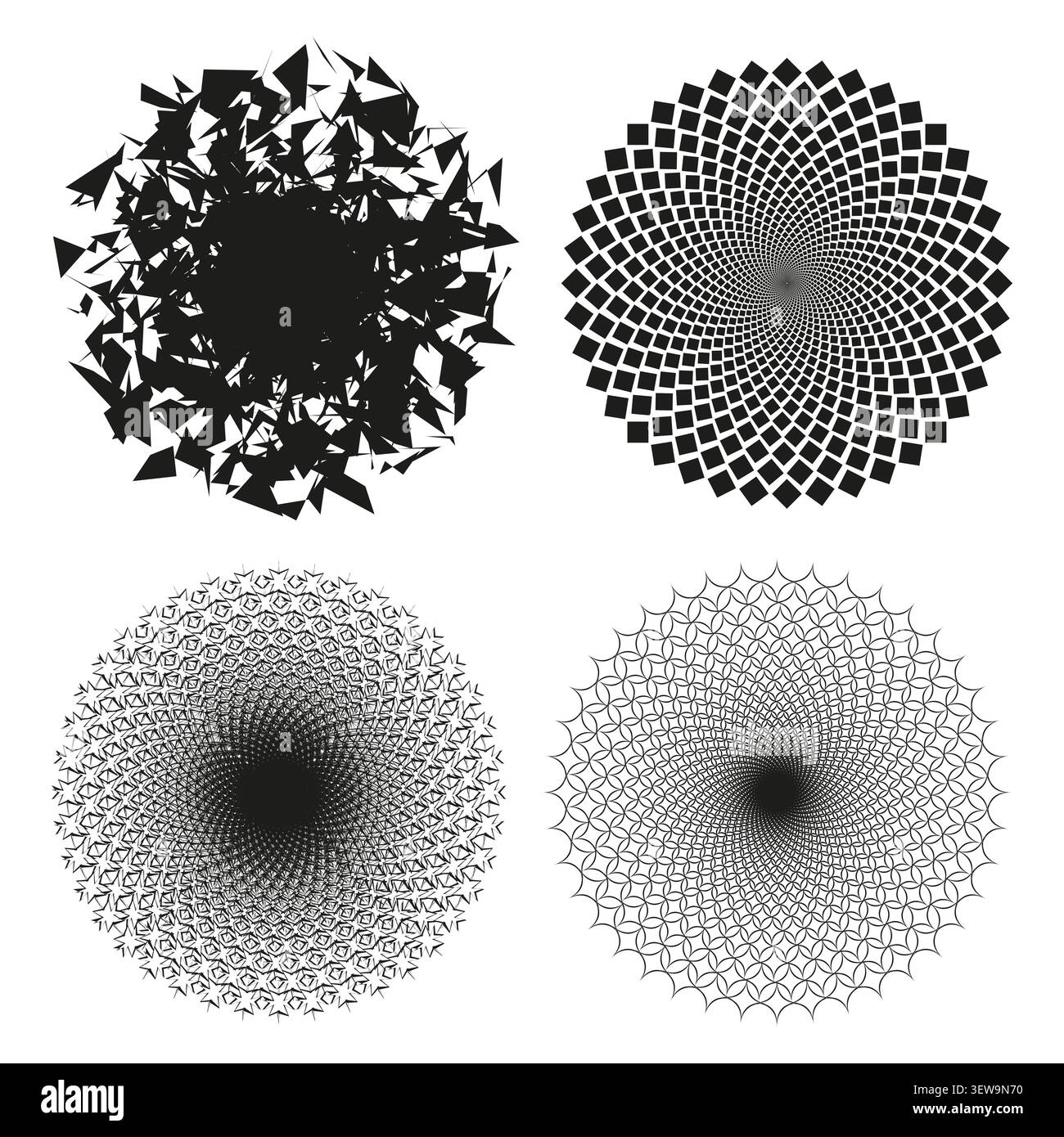 Abstract geometric sunburst forms pack features black vector radial point patterns. Minimal collection visualizes energy. eps 10 Stock Vector
