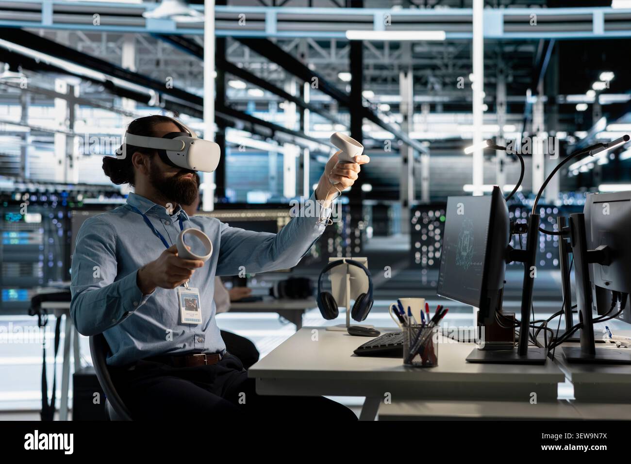 Data center engineer uses a VR headset to configure server virtualization and AI automation systems in a data center. Stock Photo