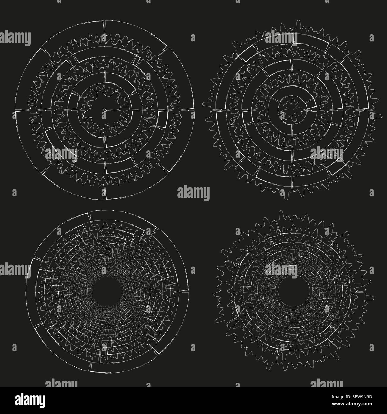 Abstract geometric circular forms pack features white vector maze patterns. Minimalist labyrinth collection visualizes logic. eps 10 Stock Vector