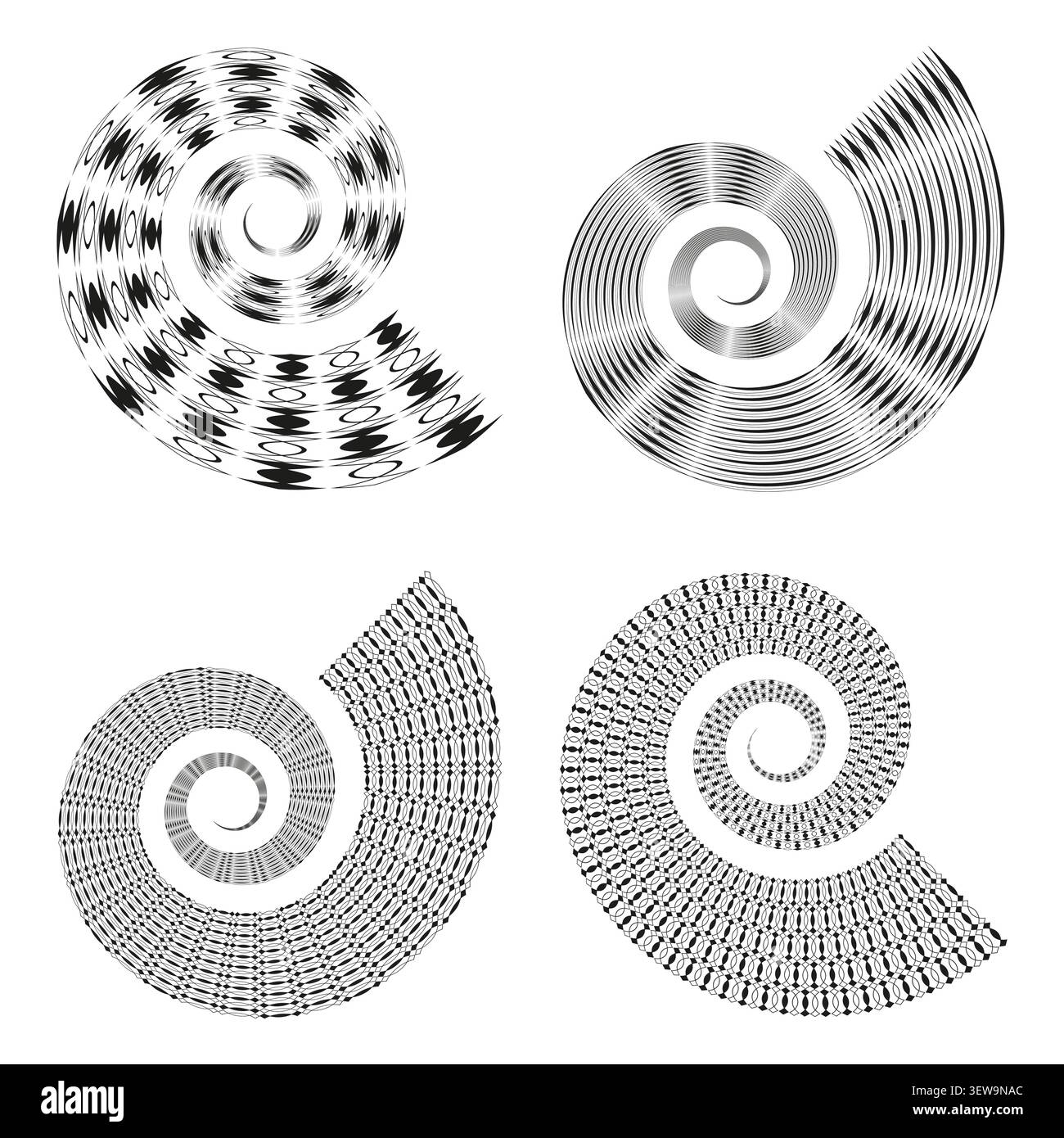 Geometric spiral forms pack features black vector nautilus shell shapes. Minimal collection visualizes abstract wave. eps 10 Stock Vector