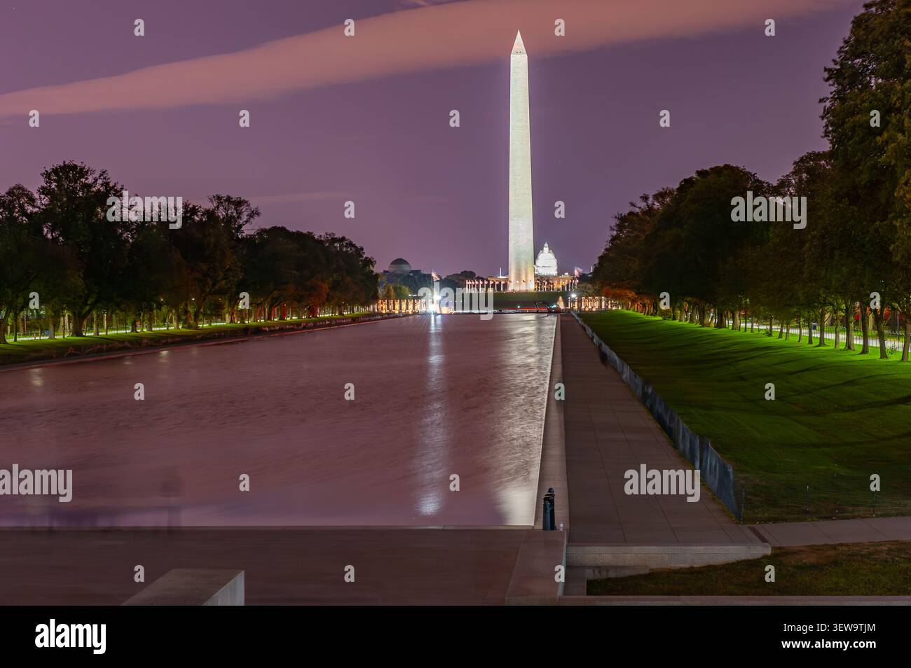 Washington Monument over the Reflecting Pool at night Stock Photo